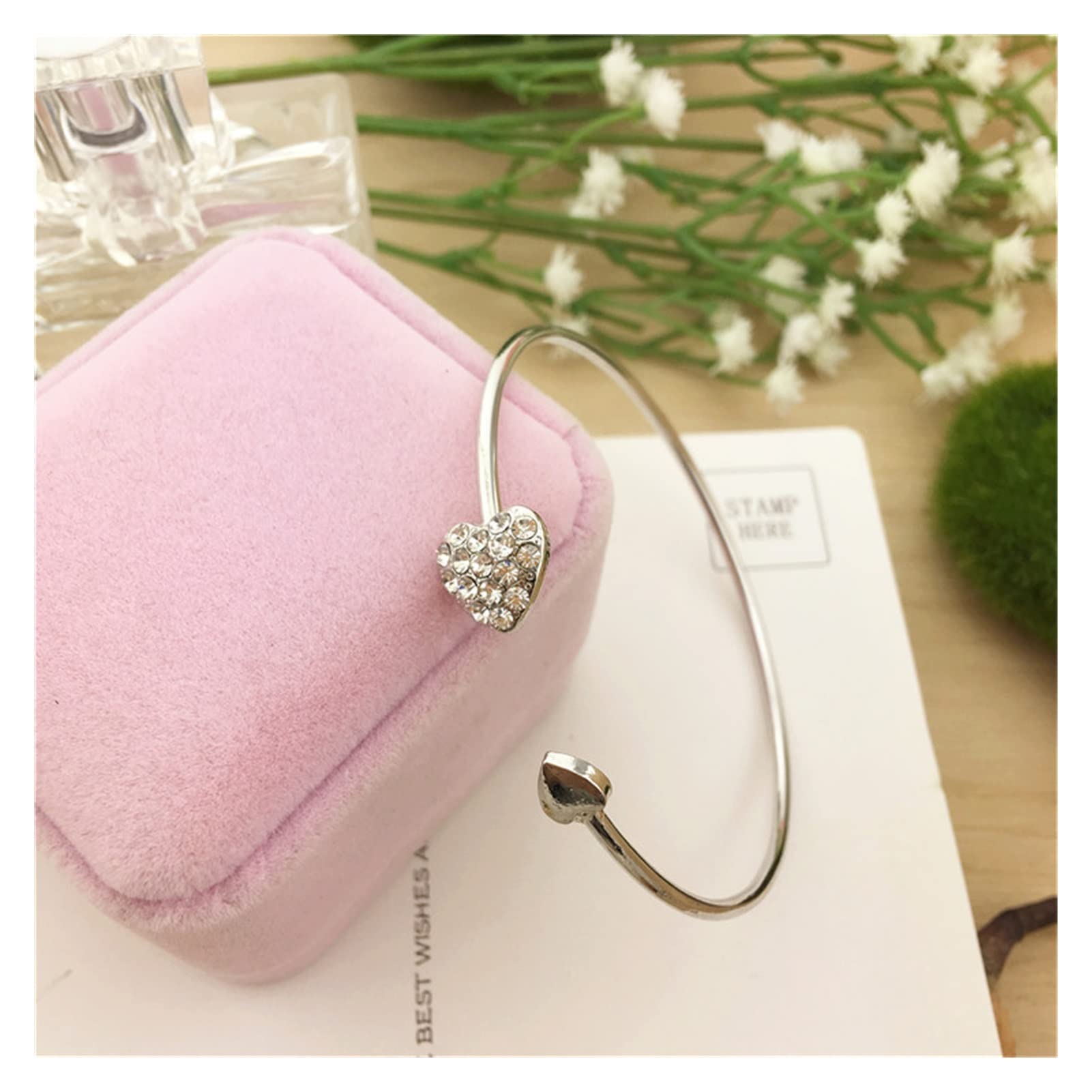 Elegant Adjustable Crystal Double Heart Bow Cuff Bracelet for Women - Silver Jewelry for Healing, Reiki & Everyday Wear - Perfect for Gifts, Parties & Spiritual Wellness