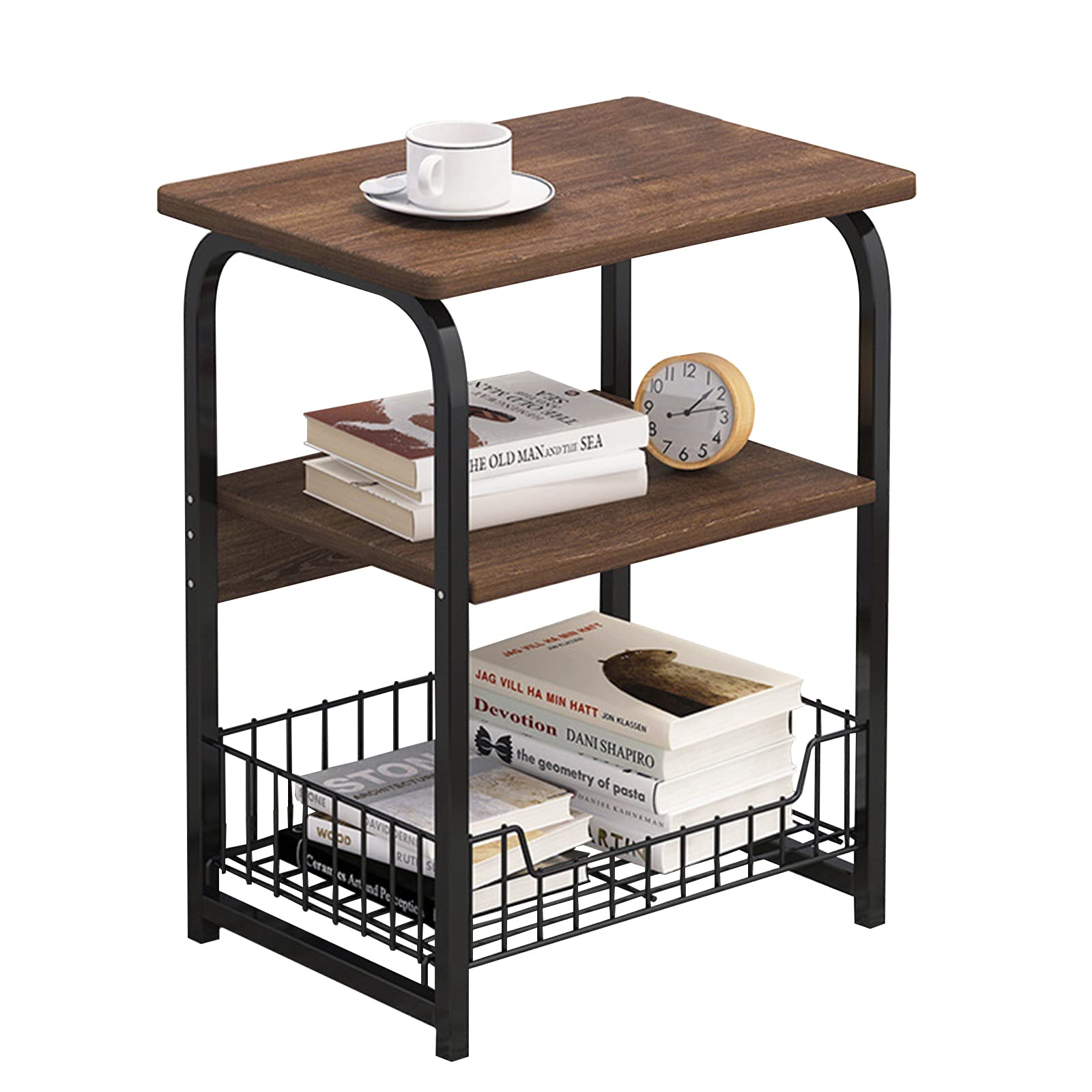 Modern Square End Table with Metal Frame - 2-Tier Industrial Side Table with Storage Basket for Living Room, Bedroom | Sturdy Coffee Table, Nightstand & Home Decor Accent Piece