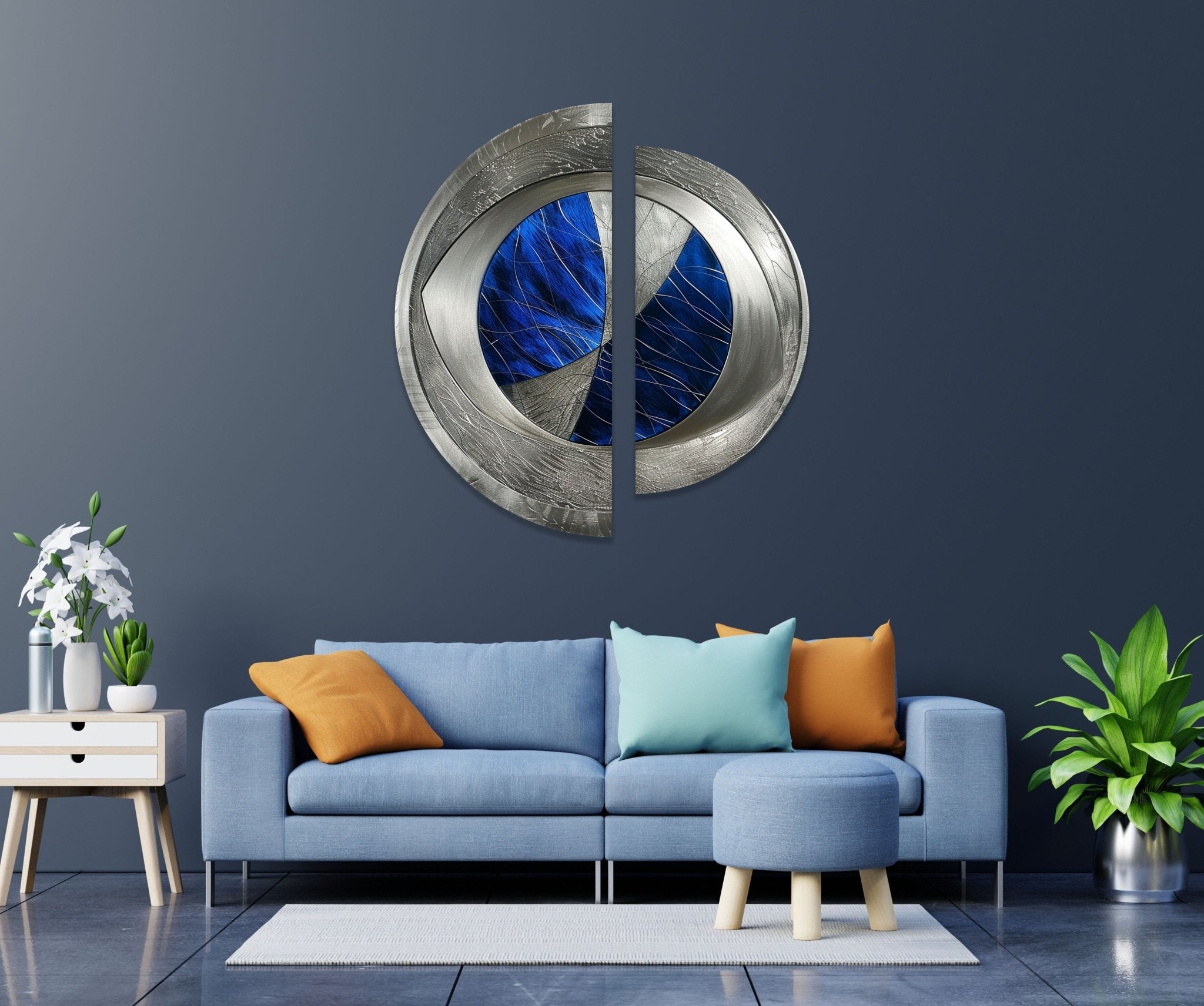 2 Piece Abstract Silver Blue Glass Wall Art Set - Modern Home Decor for Living Room, Bedroom, Office | Handmade Glass Wall Hangings for Unique Interior Design