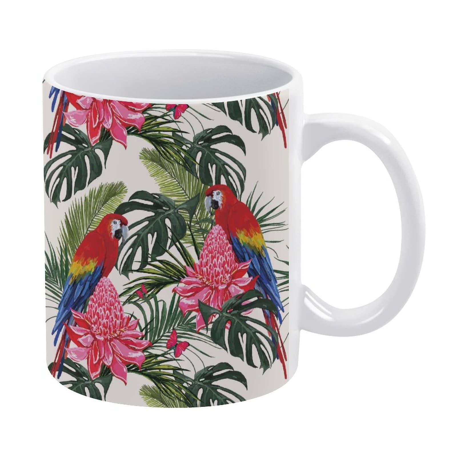 11 Oz White Ceramic Coffee Mug with Tropical Palm Leaves, Parrot, Hibiscus & Butterfly Design - Perfect for Tea, Coffee, Milk, Juice - Great Gift for Mom, Dad, Daughter, Son - Ideal for Home, Office, Party & Cafe Use