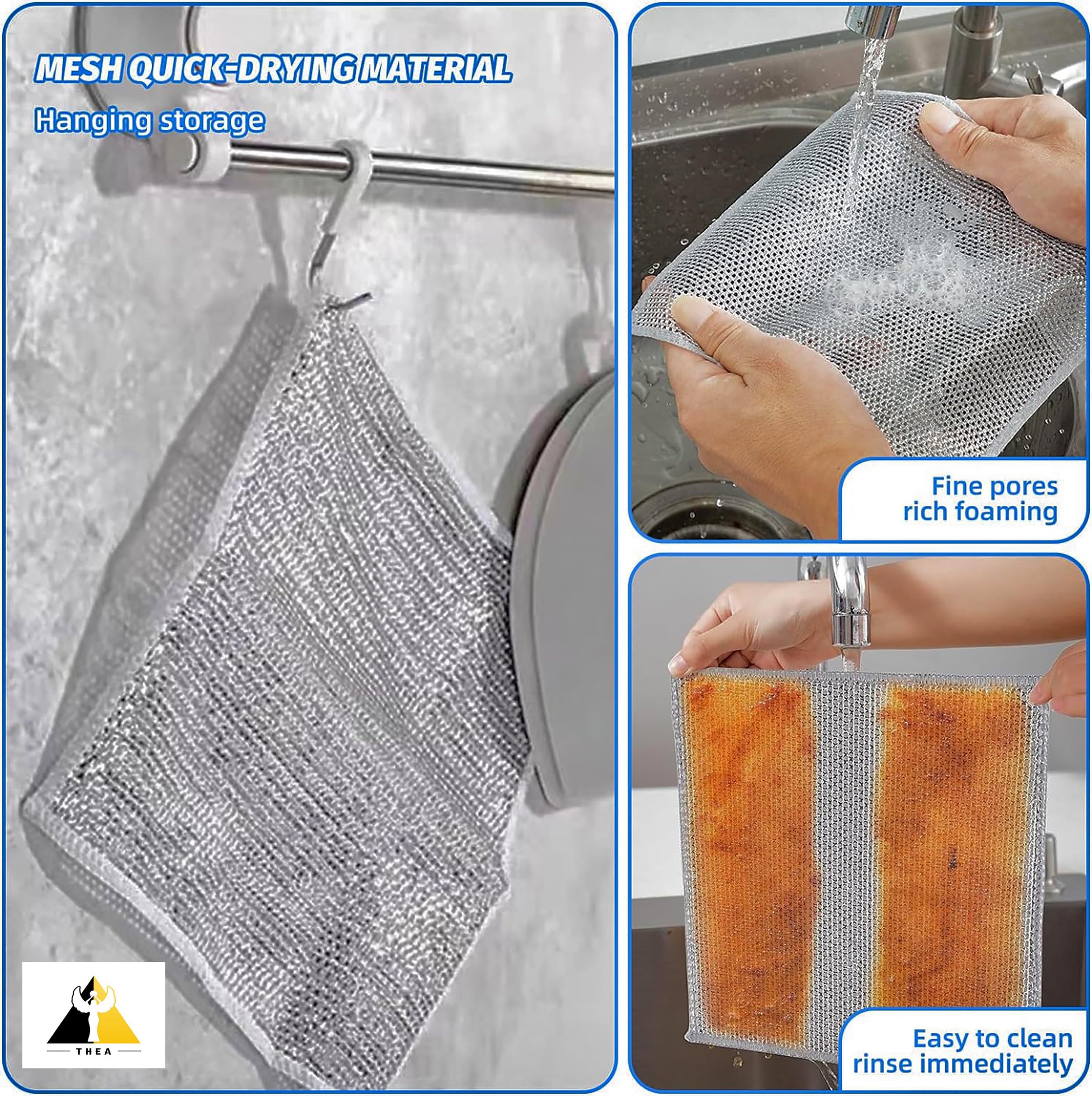 6 Pack Non-Scratch Double Layer Wire Dishcloths - Reusable Kitchen Cleaning Rags for Wet & Dry Use, Easy Rinse Dishwashing Cloths for Sinks, Countertops & Cookware (Multipurpose, Durable) - Perfect for Daily Dishwashing, Stain Removal & Household Cleaning