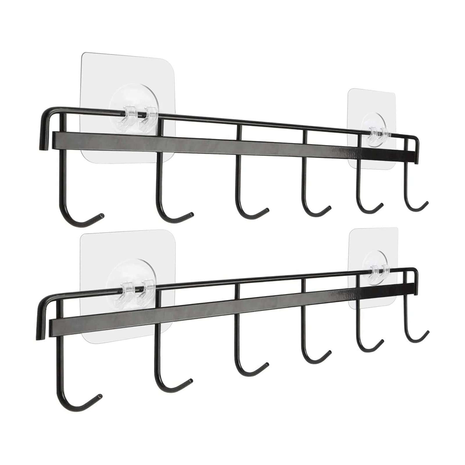 Jeowoqao 6-Hook Wall Mounted Utensil Holder - No Drill Adhesive Hooks for Kitchen, Bathroom, Bedroom - Space Saving Organizer (2 Pack, Black) - Perfect for Small Spaces & Clutter-Free Home Organization