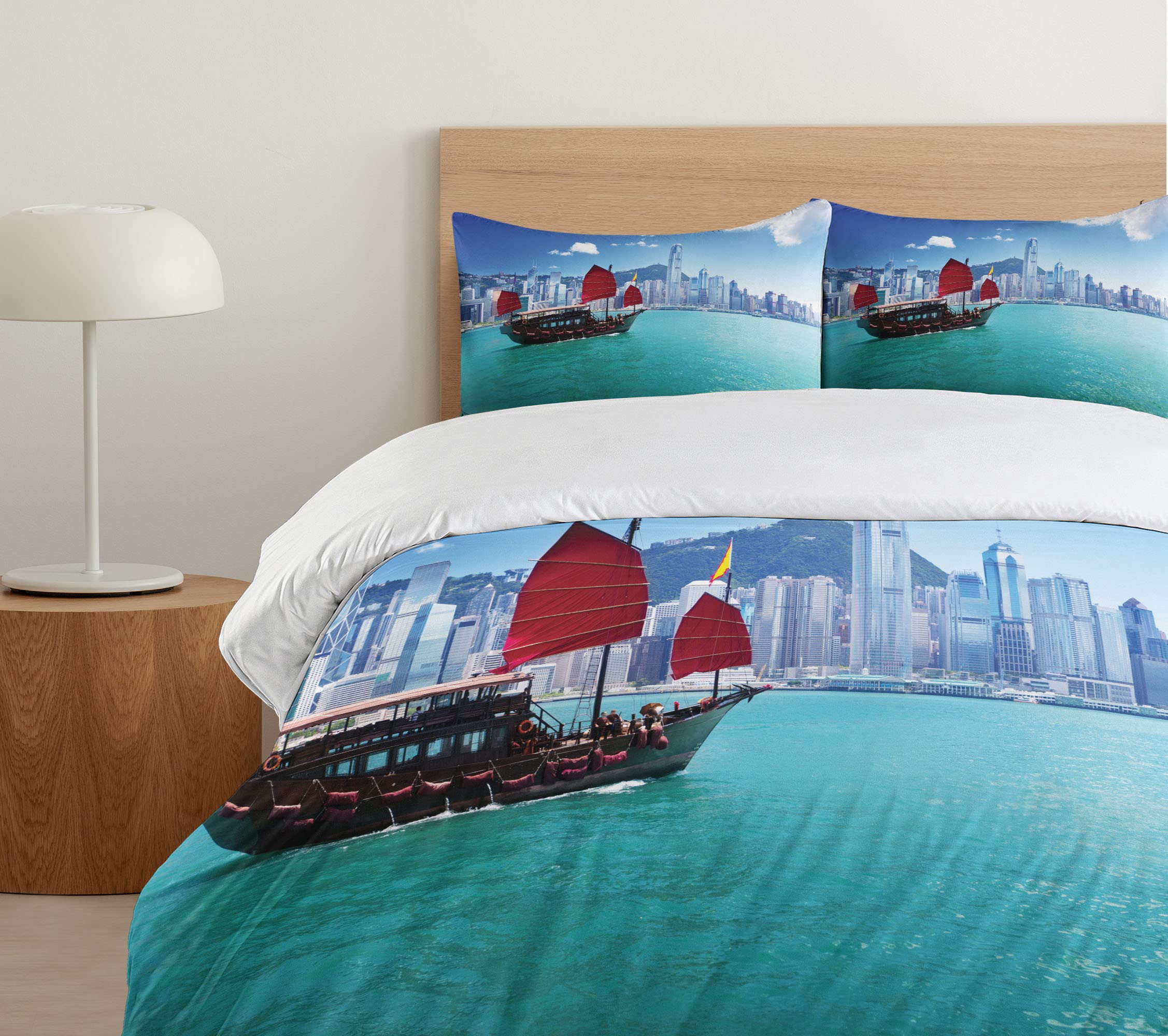 Ambesonne Ocean Duvet Cover Set - Hong Kong Harbour Traditional Junk Boat with Flags & Skyline - 3 Piece Queen Size Bedding Set with 2 Pillow Shams in Blue Aqua Red | Coastal Nautical Theme for Bedroom Decor, Perfect for Beach House & Guest Room Styling
