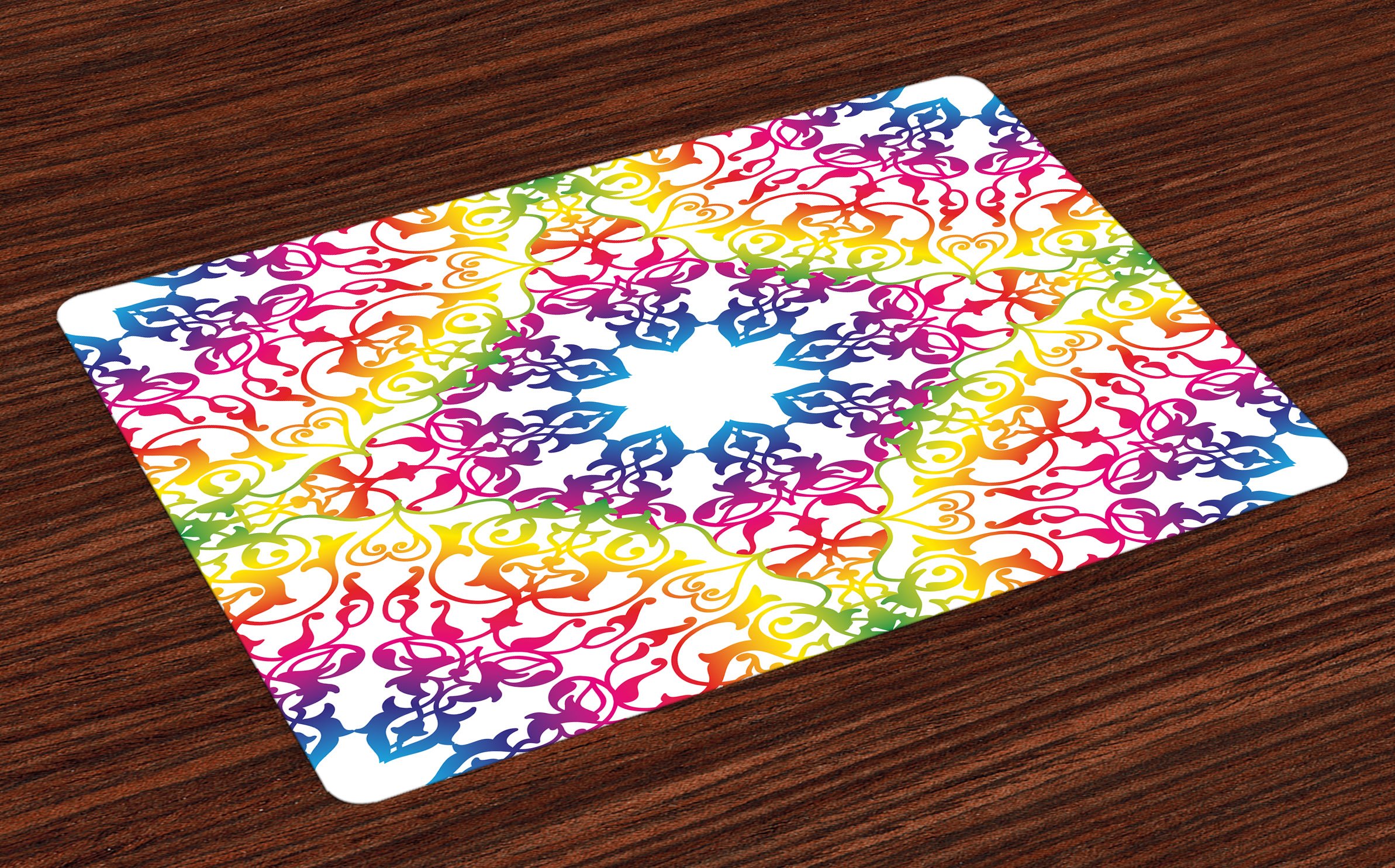 Ambesonne Ethnic Placemats Set of 4 - Abstract Ombre Rainbow Mandala Tie Dye Flower Print, Washable Fabric Dining Table Mats, Standard Size, Multicolor - Perfect for Boho Decor, Kitchen, and Dinner Parties
