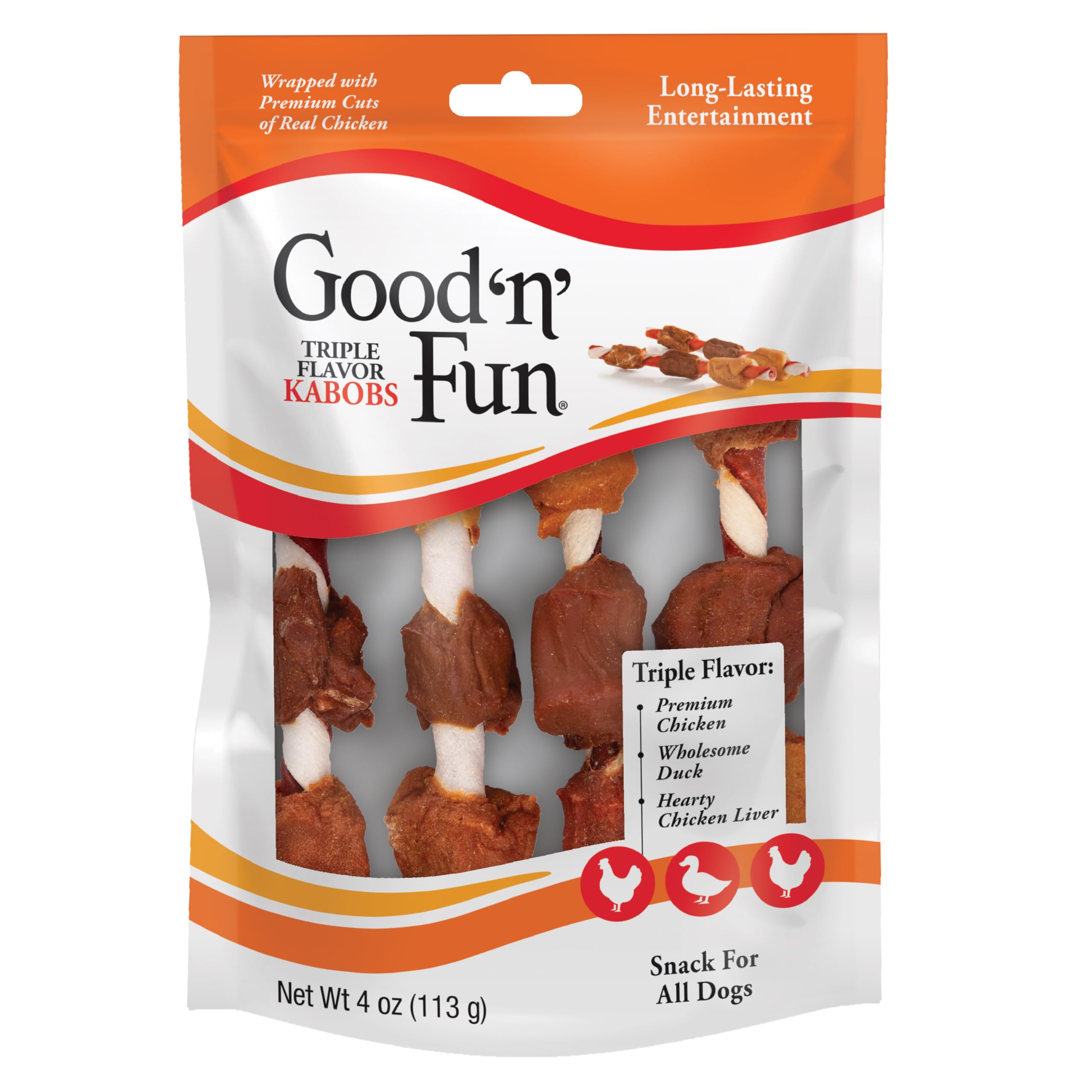 Good'n'Fun Triple Flavor Kabobs 4oz - Healthy Dog Treats for All Breeds & Sizes (Case of 36 Packs) - Perfect for Training, Rewards & Dental Chewing