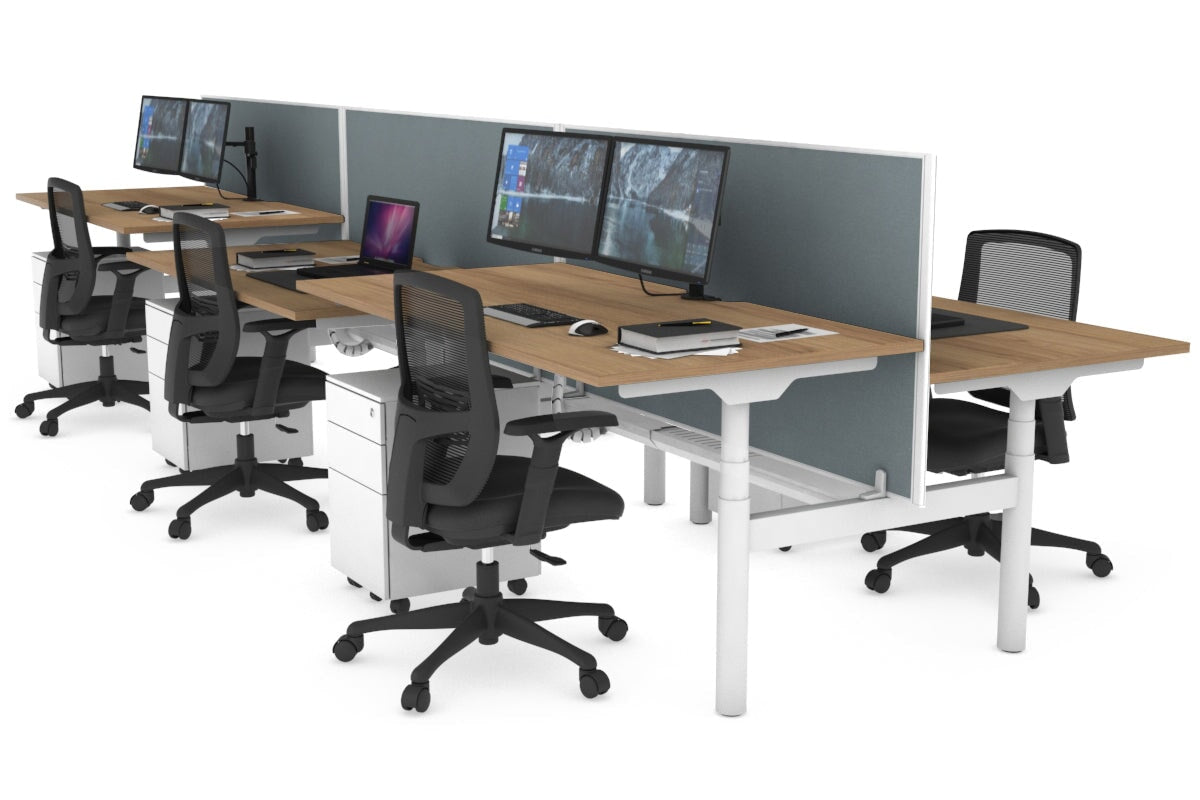 Flexi Premium Height Adjustable 6-Person H Bench Workstation - White Frame [1600L x 800W with Cable Management] - Ideal for Office, Coworking Spaces & Collaborative Work Environments