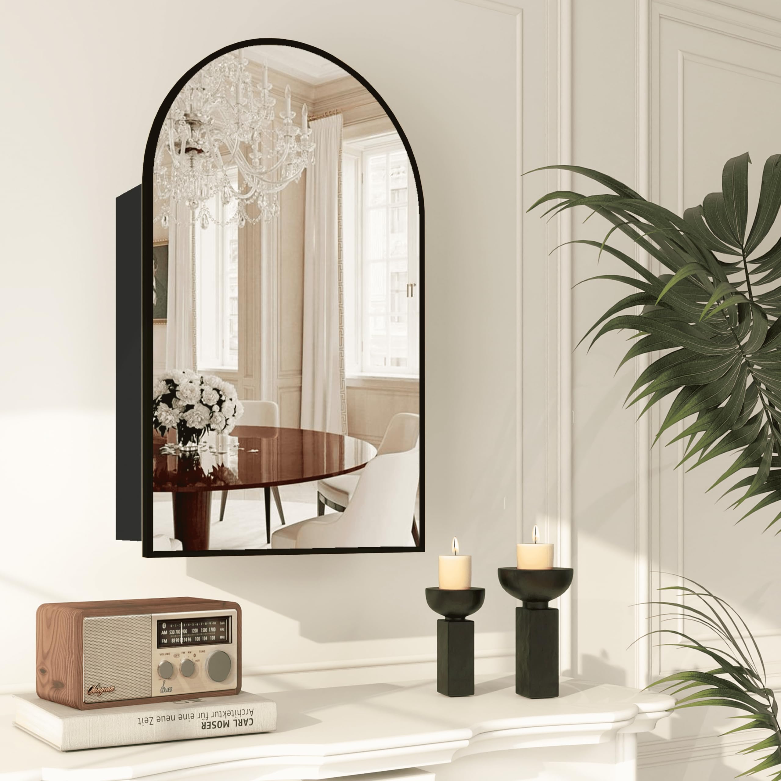 Black Arched Wall Mounted Medicine Cabinet with Mirror - 20x32 Inch Modern Vanity Storage Cabinet with Adjustable Shelves (Not Recessed) - Perfect for Bathrooms, Bedrooms & Powder Rooms