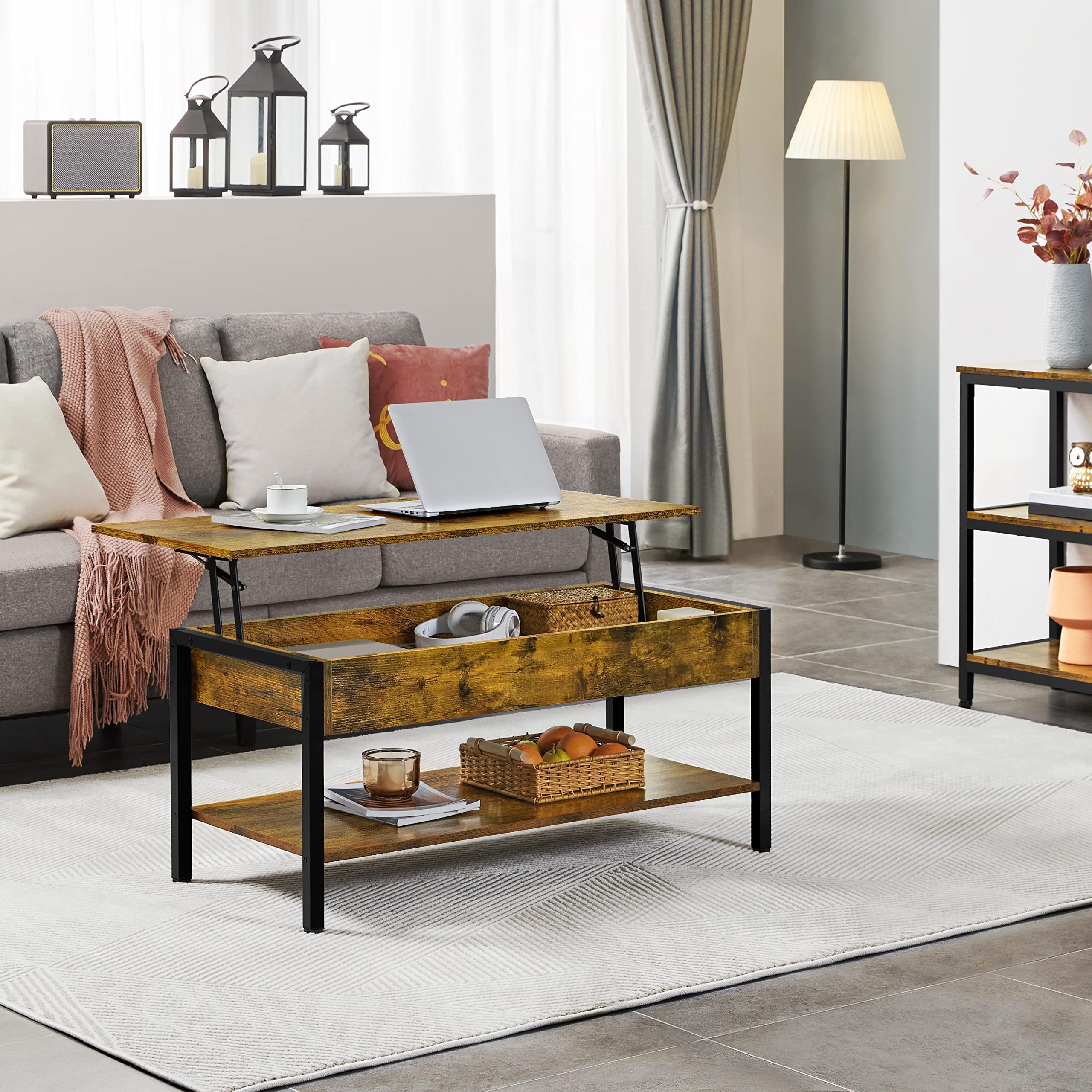 Yaheetech 3-Piece Lift Top Coffee Table Set with Hidden Storage - Industrial Style Rustic Brown Lift-Up Center Table & X-Shape End Tables for Living Room, Perfect for Small Spaces, Home Office, and Modern Farmhouse Decor