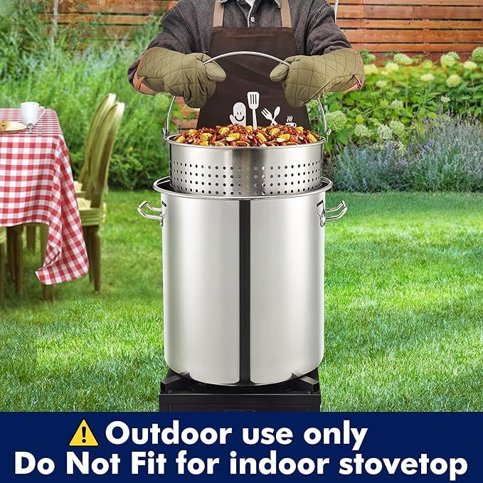 **52QT Stainless Steel Seafood Boiling Kit with 200,000 BTU Propane Burner - Crawfish, Lobster, Shrimp, and Turkey Fryer Pot with Basket & Steamer Rack - Perfect for Outdoor Cooking, Backyard Parties, and Camping**