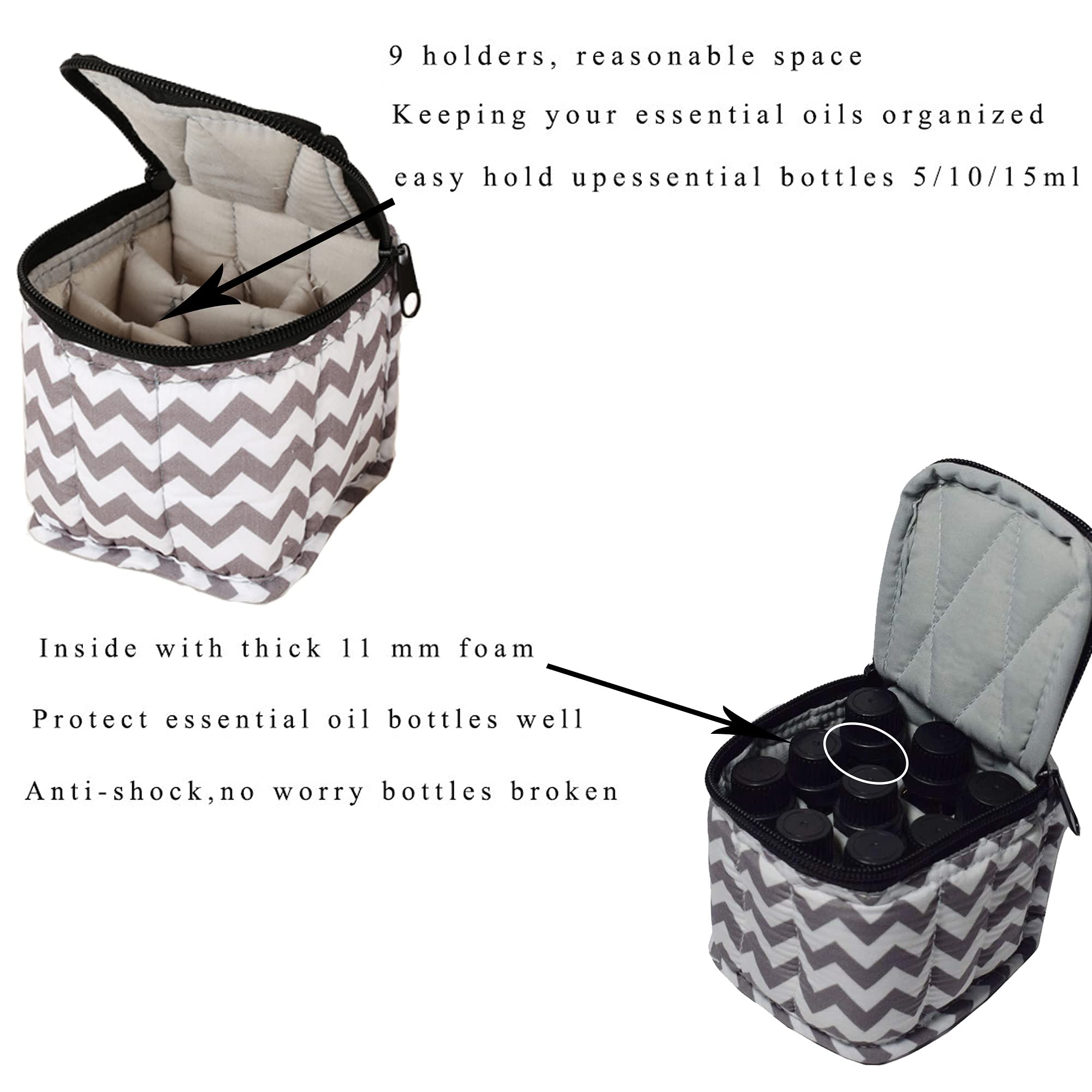 9 Bottles Essential Oil Travel Case - Shockproof Nail Polish Organizer for 5ml,10ml,15ml & Roller Bottles - Portable Handle & Double Zipper (Chevron Grey) - Perfect for Aromatherapy, DIY Beauty & On-the-Go Storage