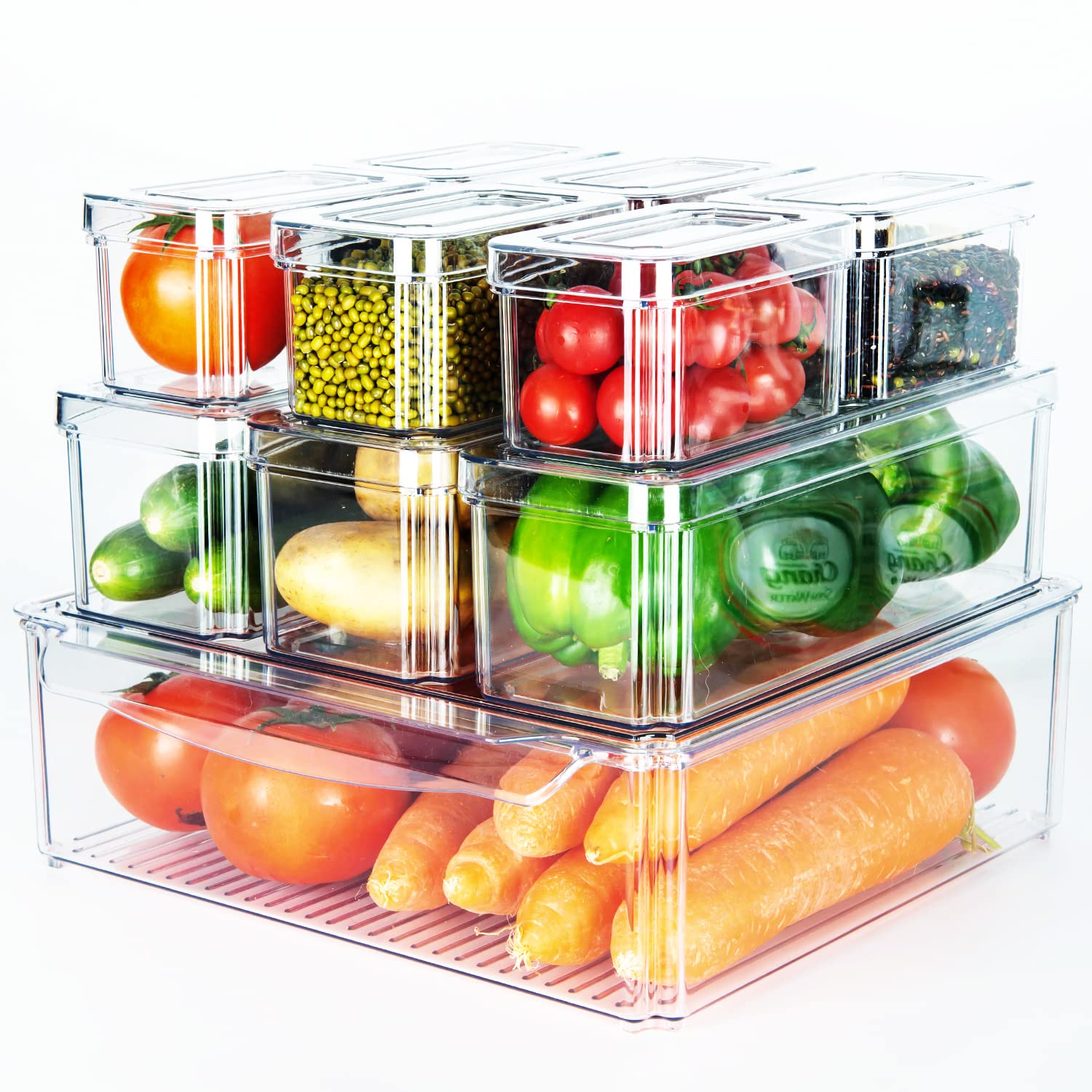 Homics 10-Pack Stackable Clear Refrigerator Bins with Lids - BPA Free Food Storage Containers for Fruits, Vegetables & Pantry Organization | Perfect for Fridge, Freezer & Kitchen Cabinet Storage