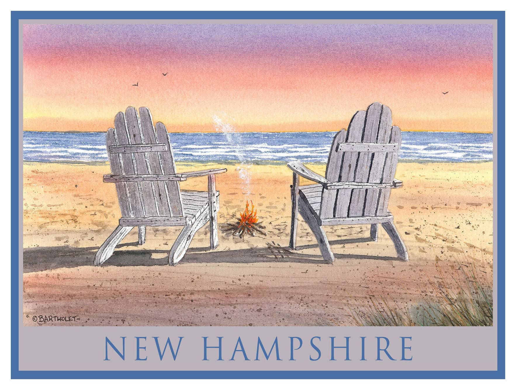 New Hampshire Adirondack Chairs Beach Watercolor Art Print - 9x12 Inch Giclee Poster by Artist Dave Bartholet - Perfect for Coastal Home Decor, Cottage Wall Art & Beach House Living Room