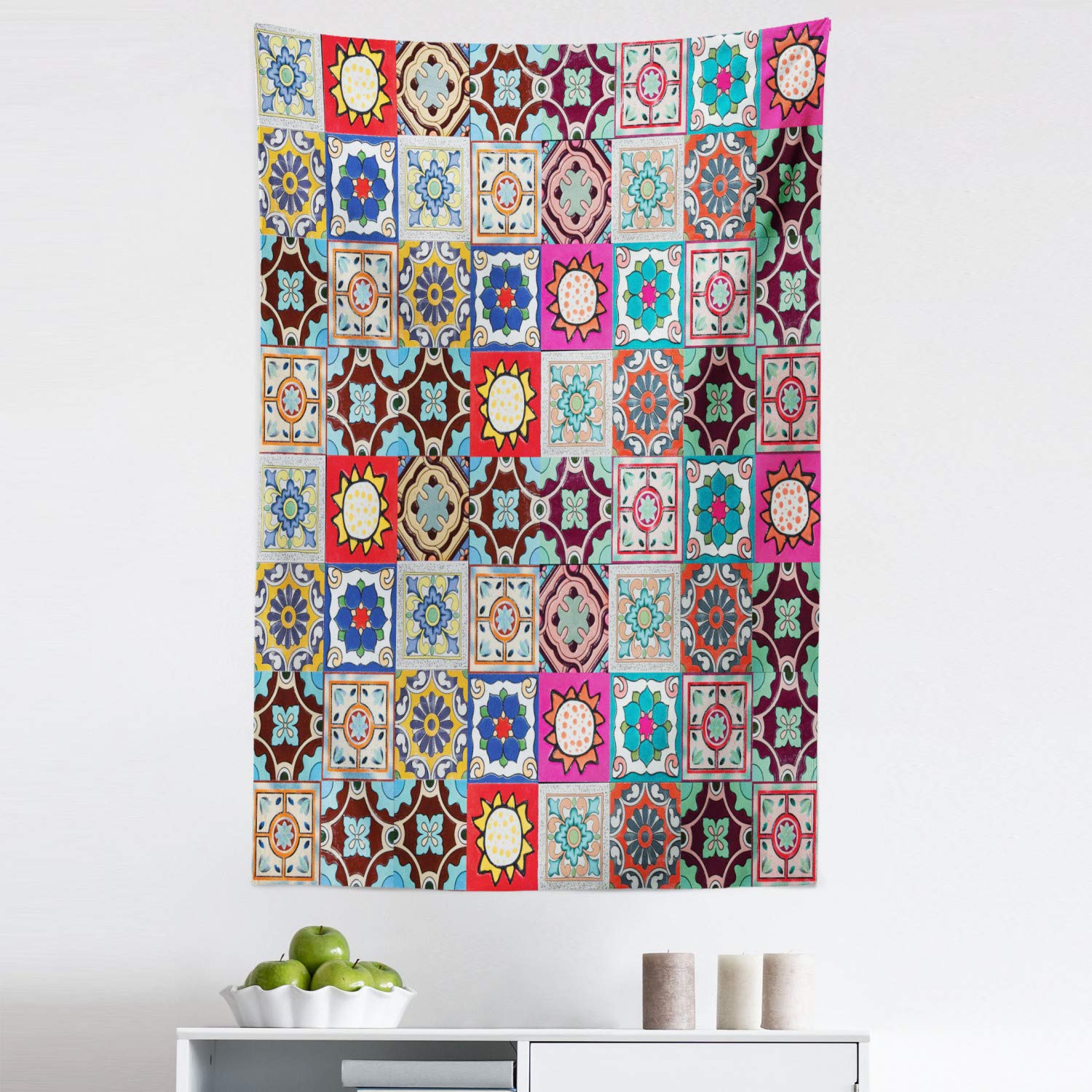 Ambesonne Moroccan Tapestry Wall Art - Geometric Ceramic Mosaic Tile Design Fabric Wall Hanging Decor for Bedroom, Living Room, Dorm - 30