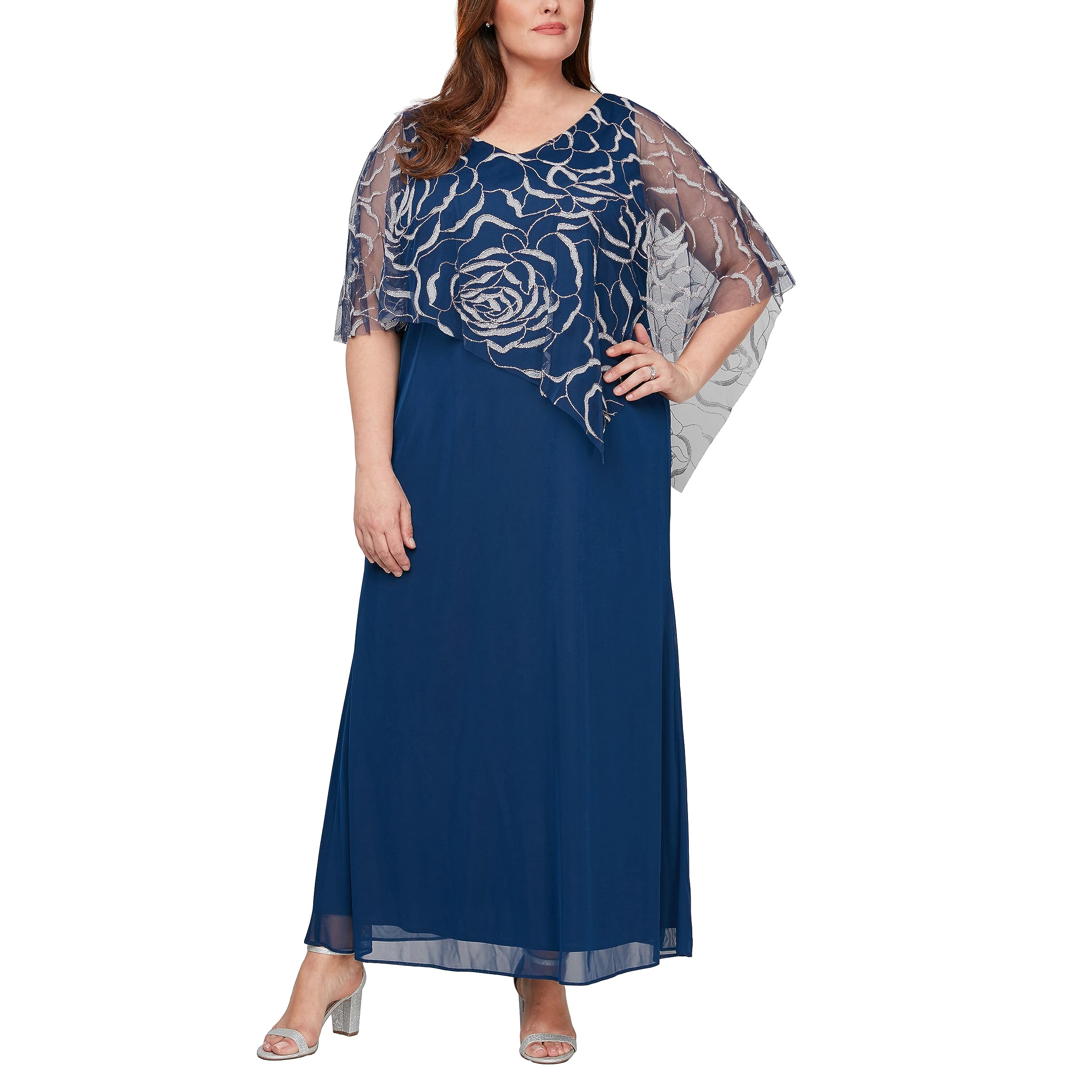 S.L. Fashions Women's Plus Size Sparkle Beaded Overlay Cape Dress - Stretchy Knit Elegant Evening Gown for Parties, Weddings & Special Occasions
