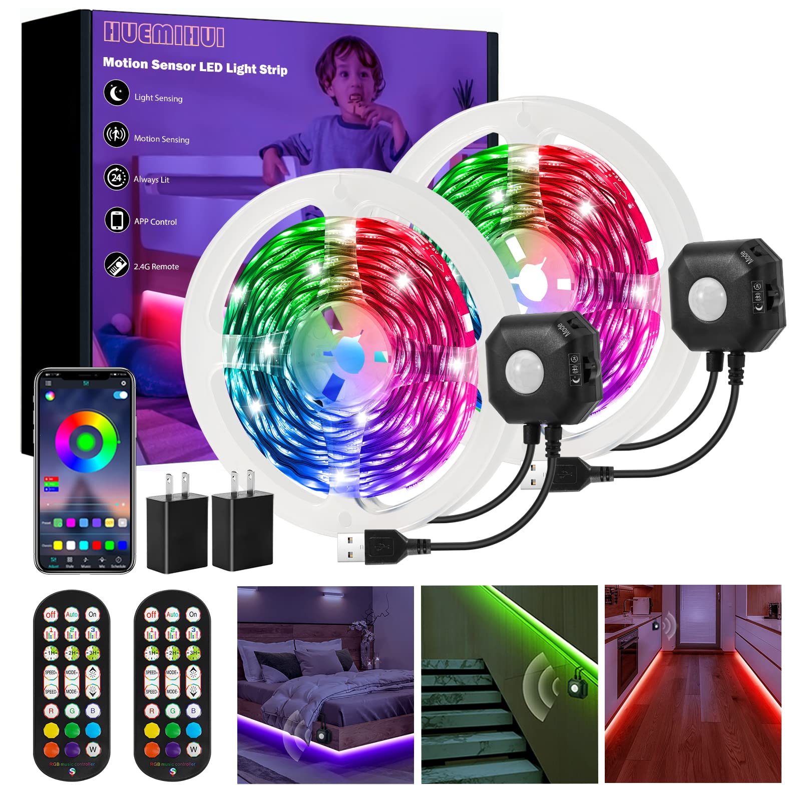 Motion Sensor Under Bed Lights - 2x13.12ft RGB LED Strip Lights with Constant On, Motion Activated & Light Sensing (3 Modes), App & 2.4G Remote Control, USB Music Sync - Perfect for Bedroom, Cabinet, Closet, Stairs & Home Decor Lighting