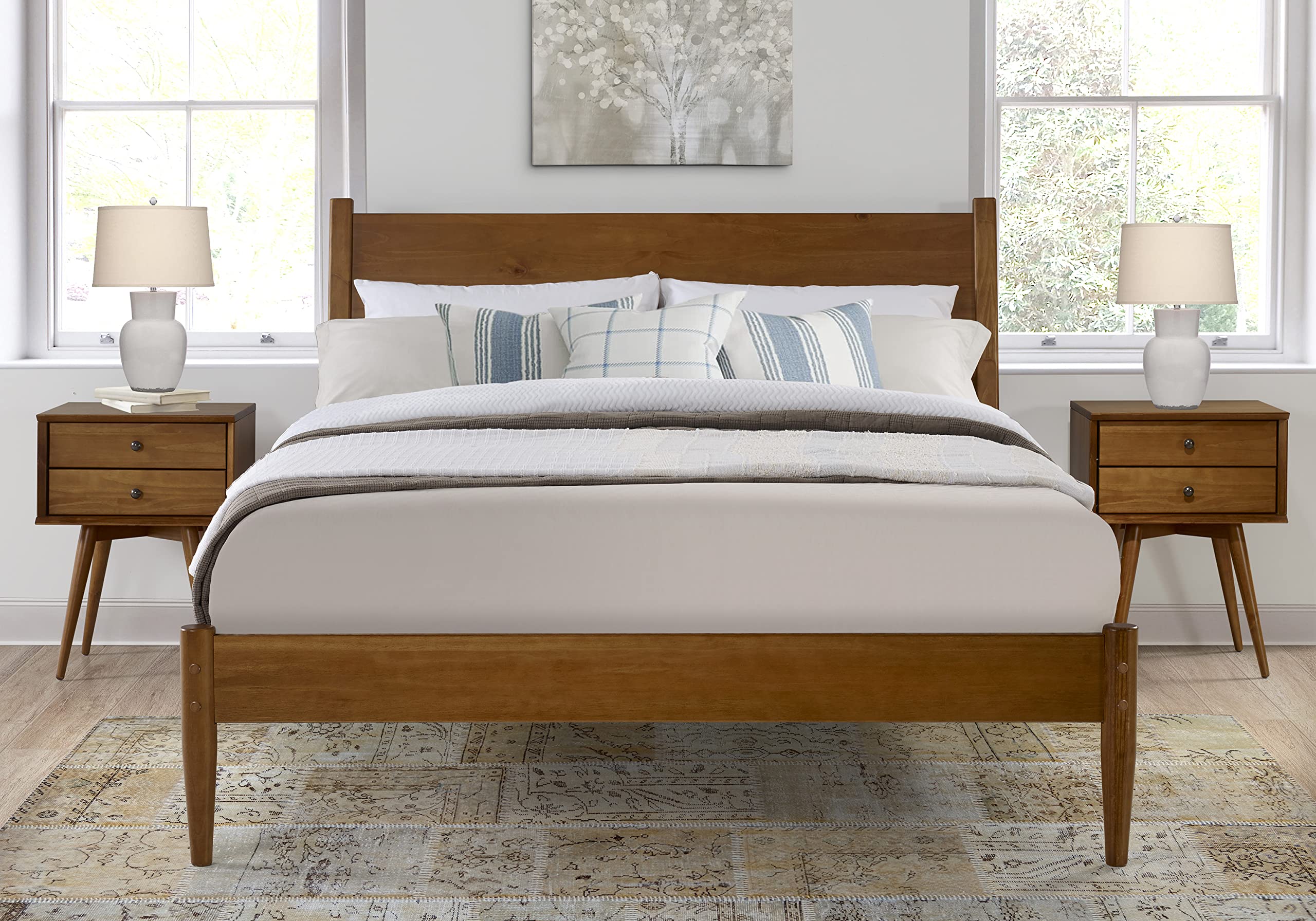Mid-Century Modern Panel Bed King Size - Solid Wood Frame with Castanho Finish - Perfect for Master Bedroom & Guest Room Decor