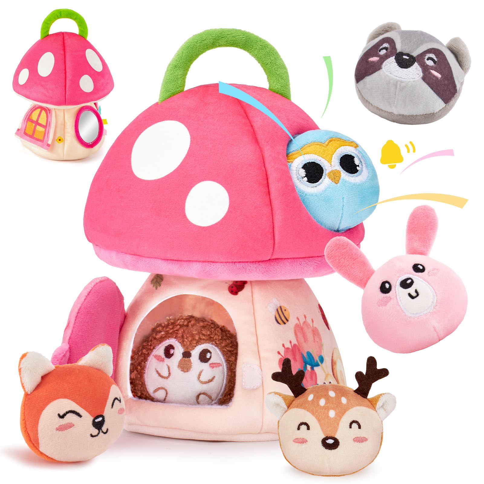 Hahaland Montessori Sensory Toys for Baby Girls 6-12 Months - Mushroom House Playset with Stuffed Jungle Animals, Rattle, Crinkle Paper & Mirror - Educational Toddler Toys for 1 Year Old Girls - Perfect Gift Basket Stuffers for Birthdays & Baby Showers