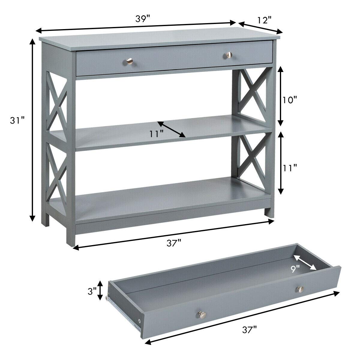3-Tier Grey Entryway Console Table with Large Drawer & 2 Shelves - Hallway Sofa Side Table, TV Stand, Bookshelf - Spacious Storage for Books, Toys, Keys, Sunglasses & Photo Frames - Perfect for Living Room, Bedroom & Entryway Organization