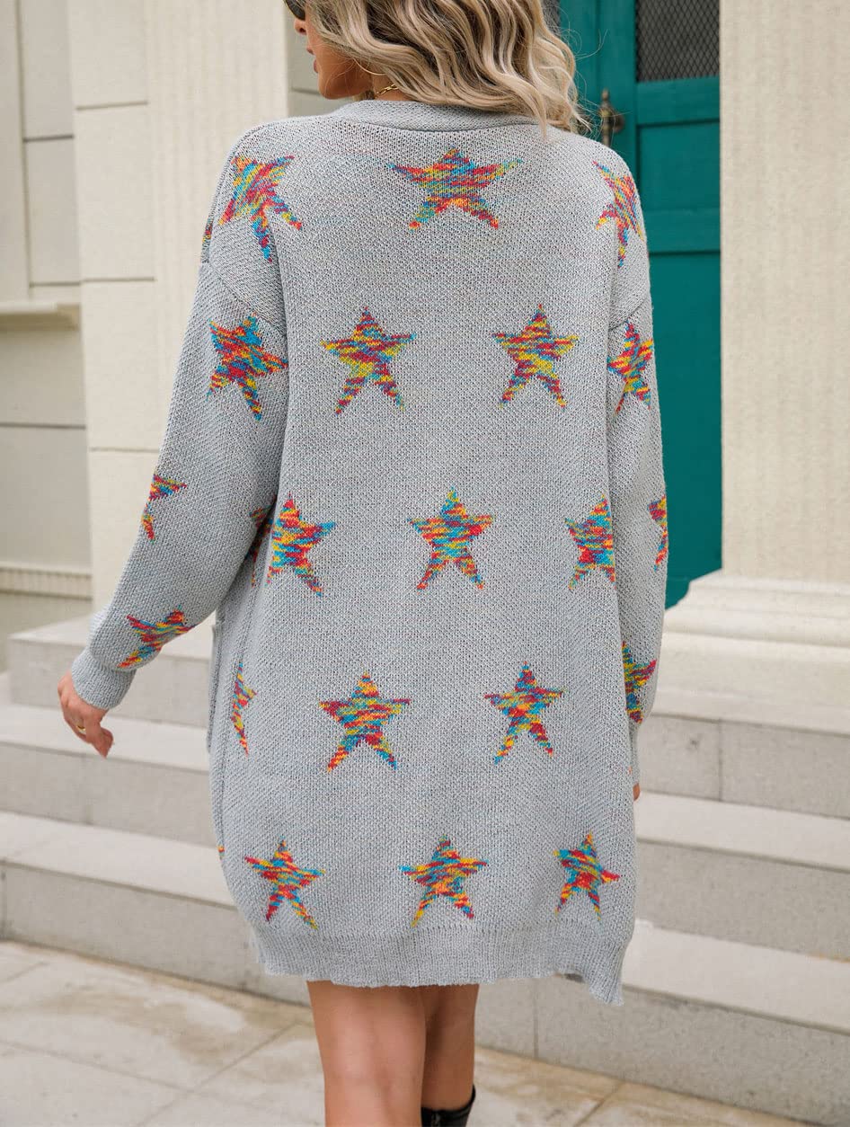 Women's Star Print Long Sleeve Open Front Cardigan Sweater with Pockets - Cozy Fall & Winter Layering Piece for Casual Outfits