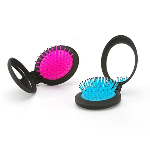 NuAngela Mini Folding Hair Brush with Mirror - Compact Travel Hairbrush for Purse, Gym & Car - Portable Pop Up Comb for Women & Men (Blue & Pink) - Perfect for On-the-Go Styling & Quick Touch-Ups