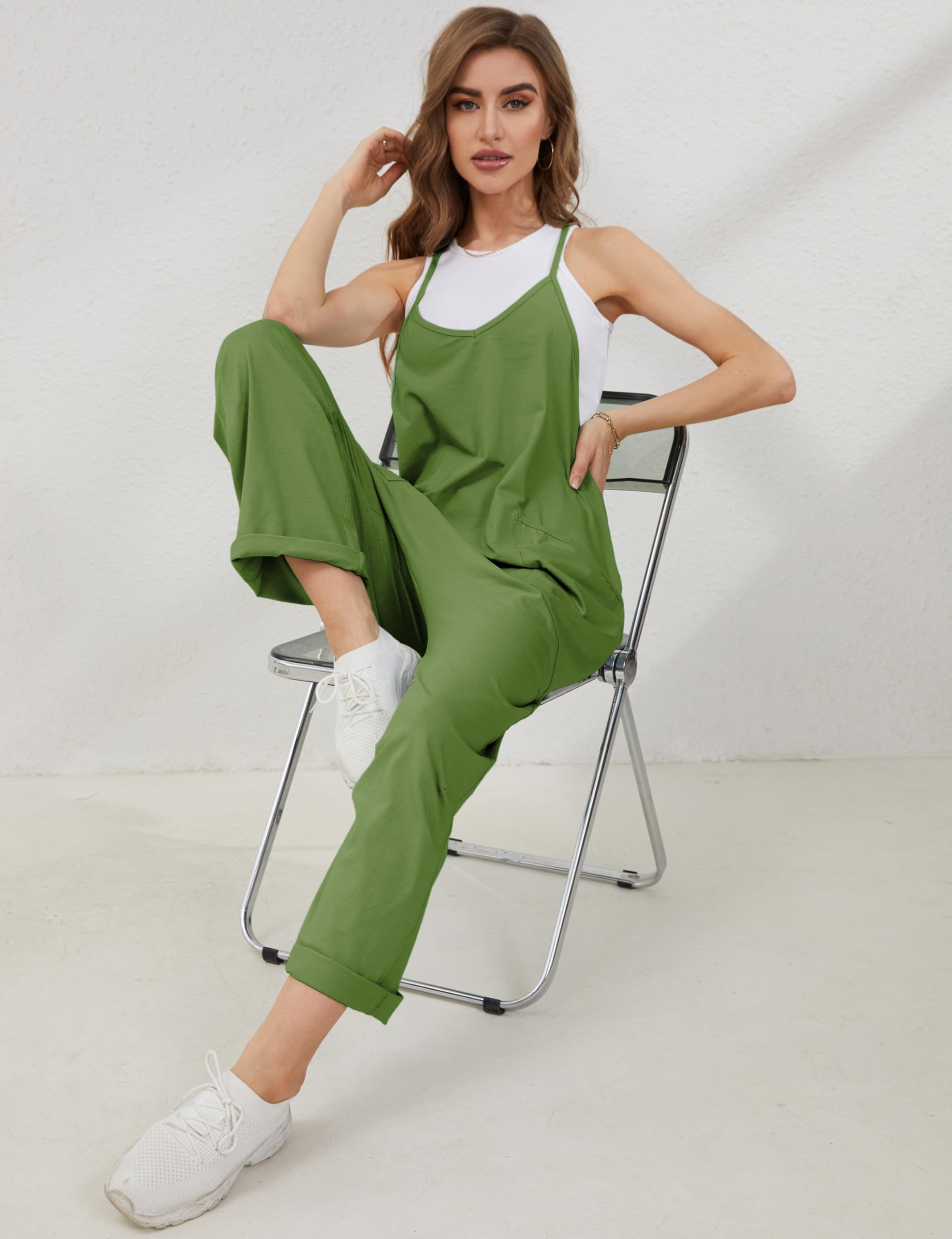 Lentta Women's Casual Jumpsuit - V Neck Sleeveless Harem Overalls with Pockets, Stretchy Adjustable Strap Romper for Summer Outfits & Beach Wear