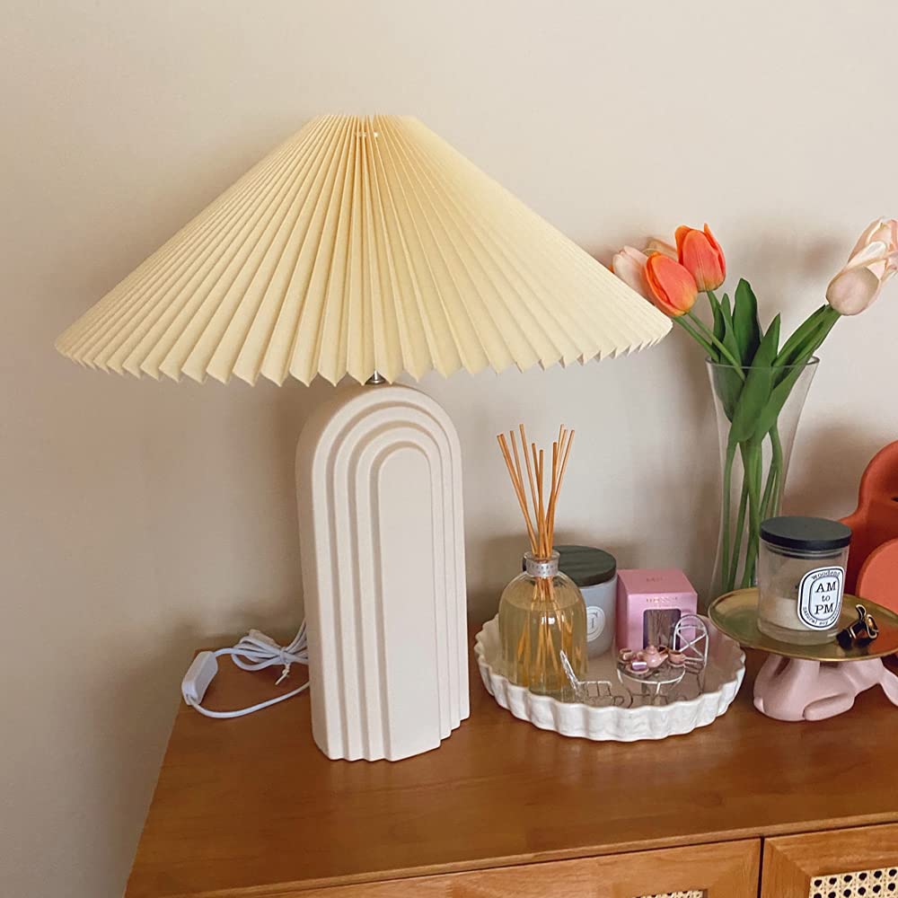 Modern Ceramic Table Lamp with TC Fabric Lampshade - Retro Style Bedside Lamp for Living Room, Bedroom & Study - White (Perfect for Reading, Decor & Ambient Lighting)