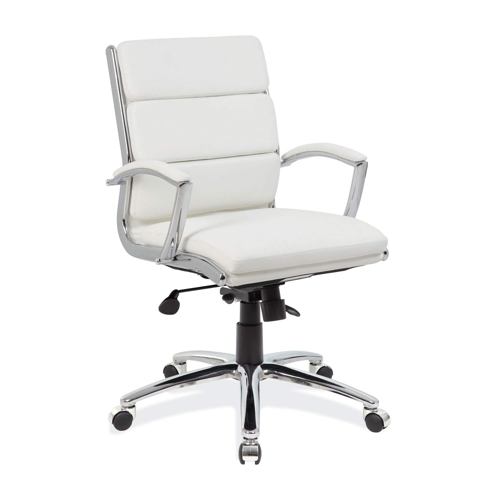 OfficeSource Executive Mid Back Office Chair with Arms - White Upholstered Seat & Back, Chrome Frame, White Leather-Soft Vinyl (1505CHMWHT) - Perfect for Home Office, Conference Rooms & Executive Workspaces