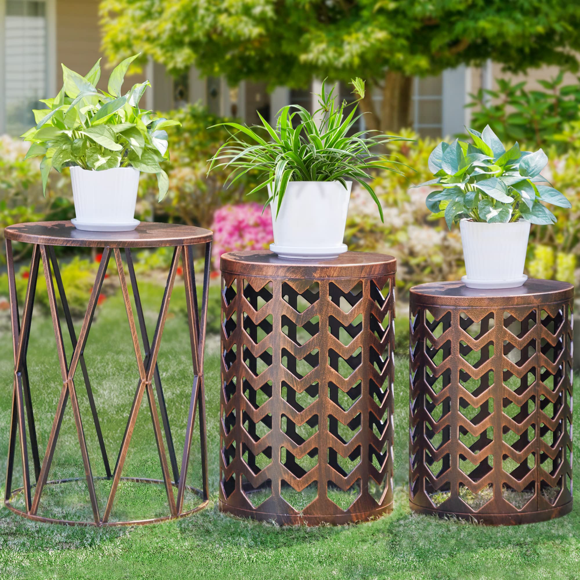 Y&M 3-Piece Nesting Side Table Set - Modern Industrial Stacking Coffee Tables for Living Room, End Tables & Outdoor Garden Stool - Heavy Duty Black with Bronze Finish (Perfect for Small Spaces, Patio Decor & Apartment Living) - Ships from USA
