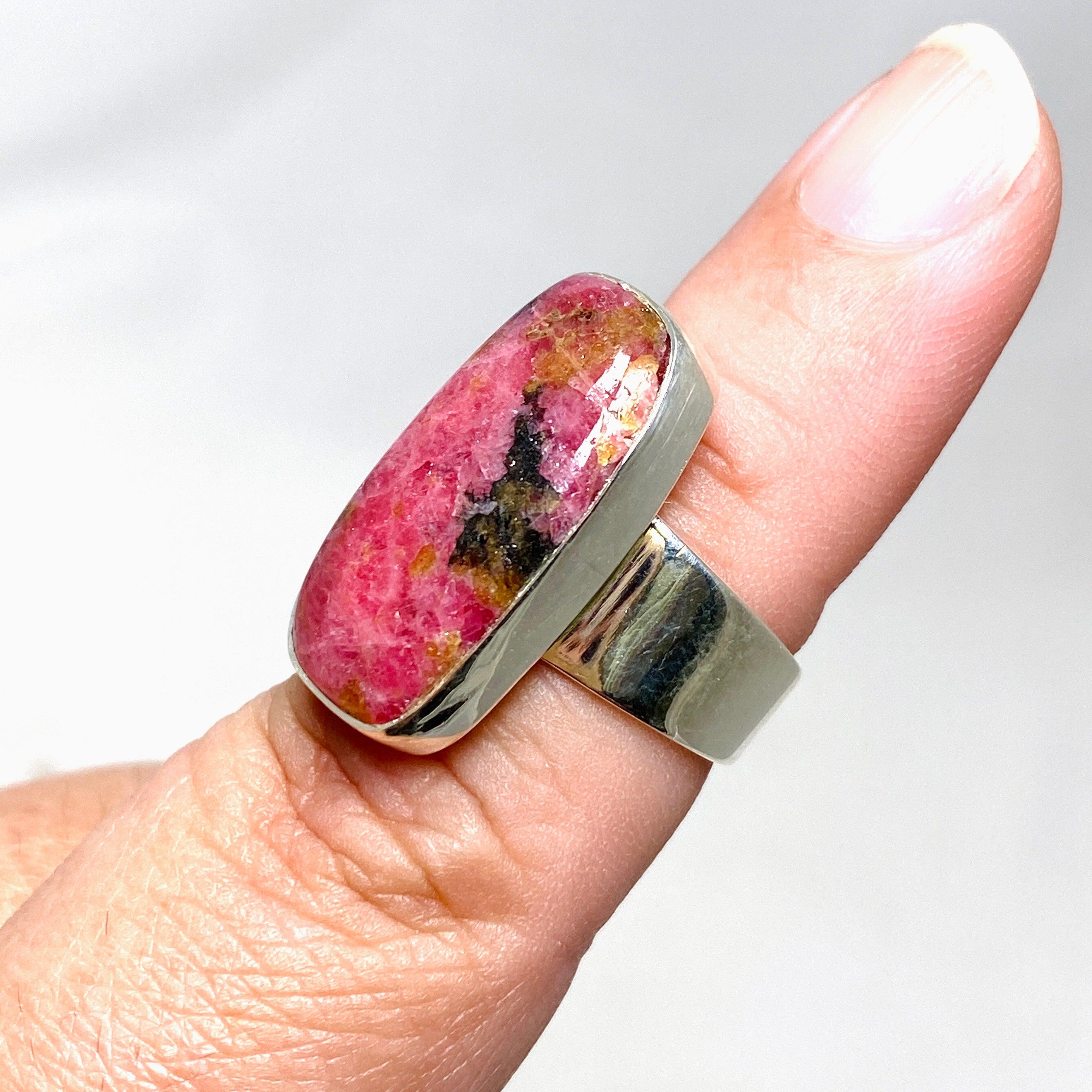 Natural Rhodonite Gemstone Rectangle Ring - Size 7 for Women, KRGJ3210 | Healing Crystal Jewelry for Stress Relief & Emotional Balance | Perfect for Meditation, Yoga & Spiritual Practices