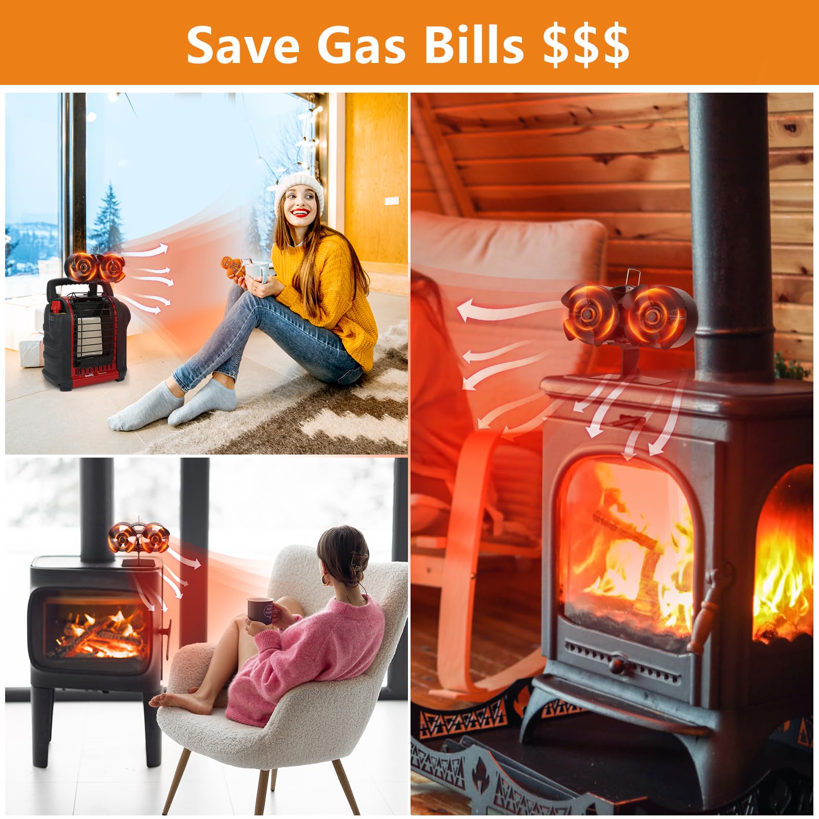 Heat Powered Wood Stove Fan - 8 Blade Non-Electric Fireplace Fan for Wood/Pellet Burners & Buddy Heaters - Dual Motor Stove Fan with Magnetic Thermometer - Perfect for Home Heating, Cabin Warmth & Energy Efficiency