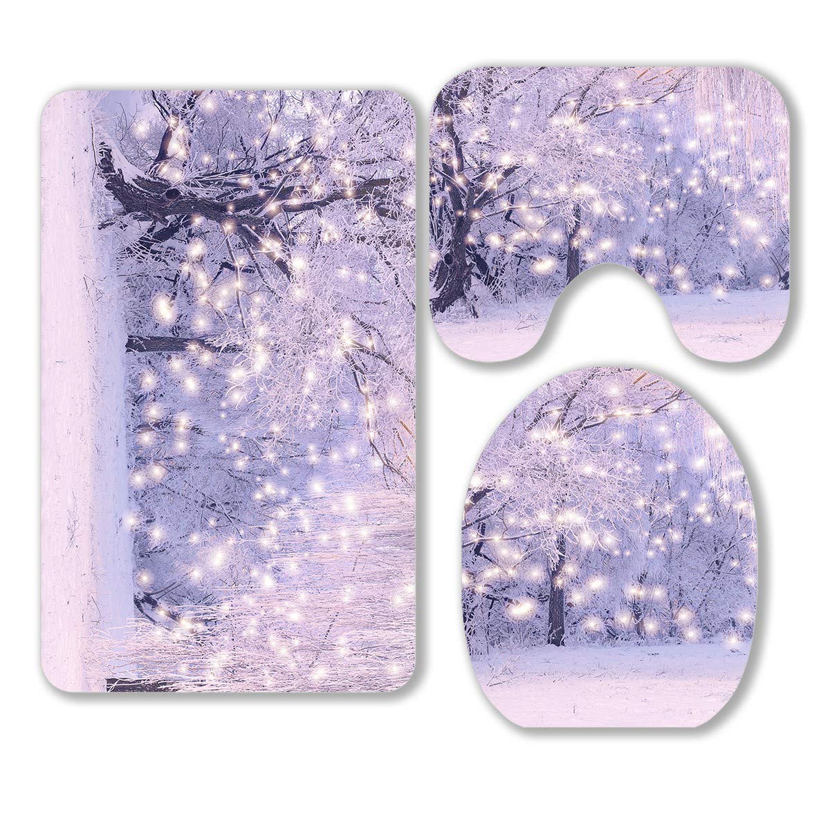 ECZJNT Christmas Snowflakes Winter Morning Landscape Snowfall 3-Piece Bathroom Rug Set - Non-Slip Bath Mat, Contour Mat & Toilet Lid Cover - Cozy Holiday Decor for Winter Bathroom Decorations