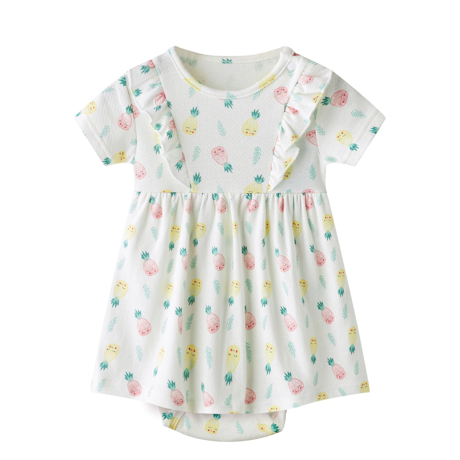 Adorable Baby Girl Short Sleeve Ruffled Bodysuit Dress - White with Pineapple Print | Perfect for Summer Outfits, Photoshoots & Special Occasions