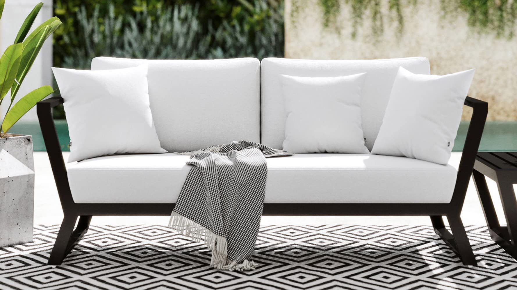 ZURI Modern Outdoor Patio Sofa Set - Stainless Steel Frame with Quick-Dry Cushions (Black/White) - Perfect for Backyard, Poolside & Garden Relaxation