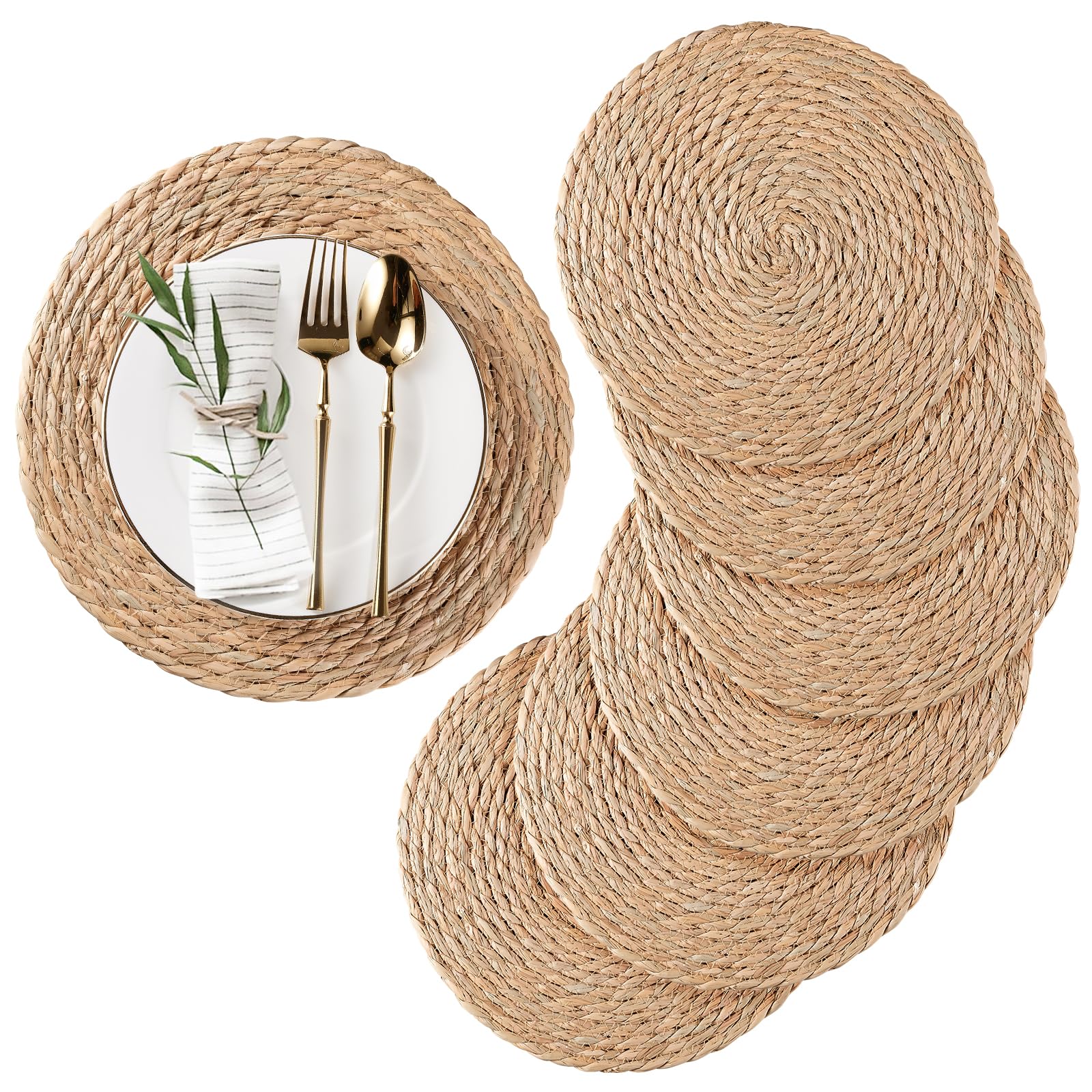 Round Woven Placemats Set of 6 - Natural Water Hyacinth & Rattan Placemats - 12 Inch Heat Resistant Wicker Placemats for Farmhouse, Boho, Outdoor, Patio Dining - Perfect for Indoor & Outdoor Tables, Dinner Parties, and Decorative Home Accents