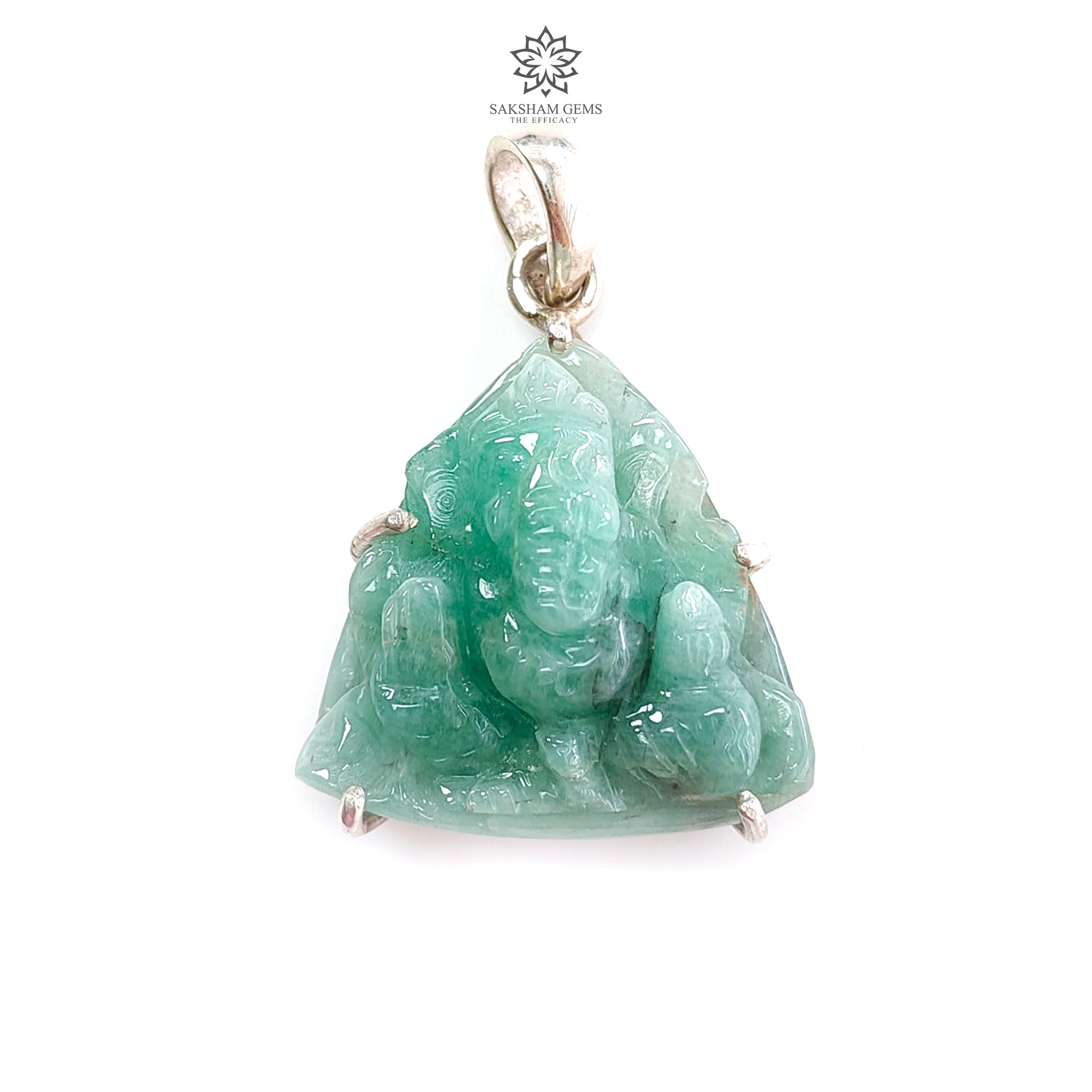 Natural Untreated Green Emerald Ganesha Pendant - 6.59gms 925 Sterling Silver Prong Set Lord Ganesha Idol Jewelry for Meditation & Spiritual Protection | Perfect for Yoga, Prayer & Gift Giving