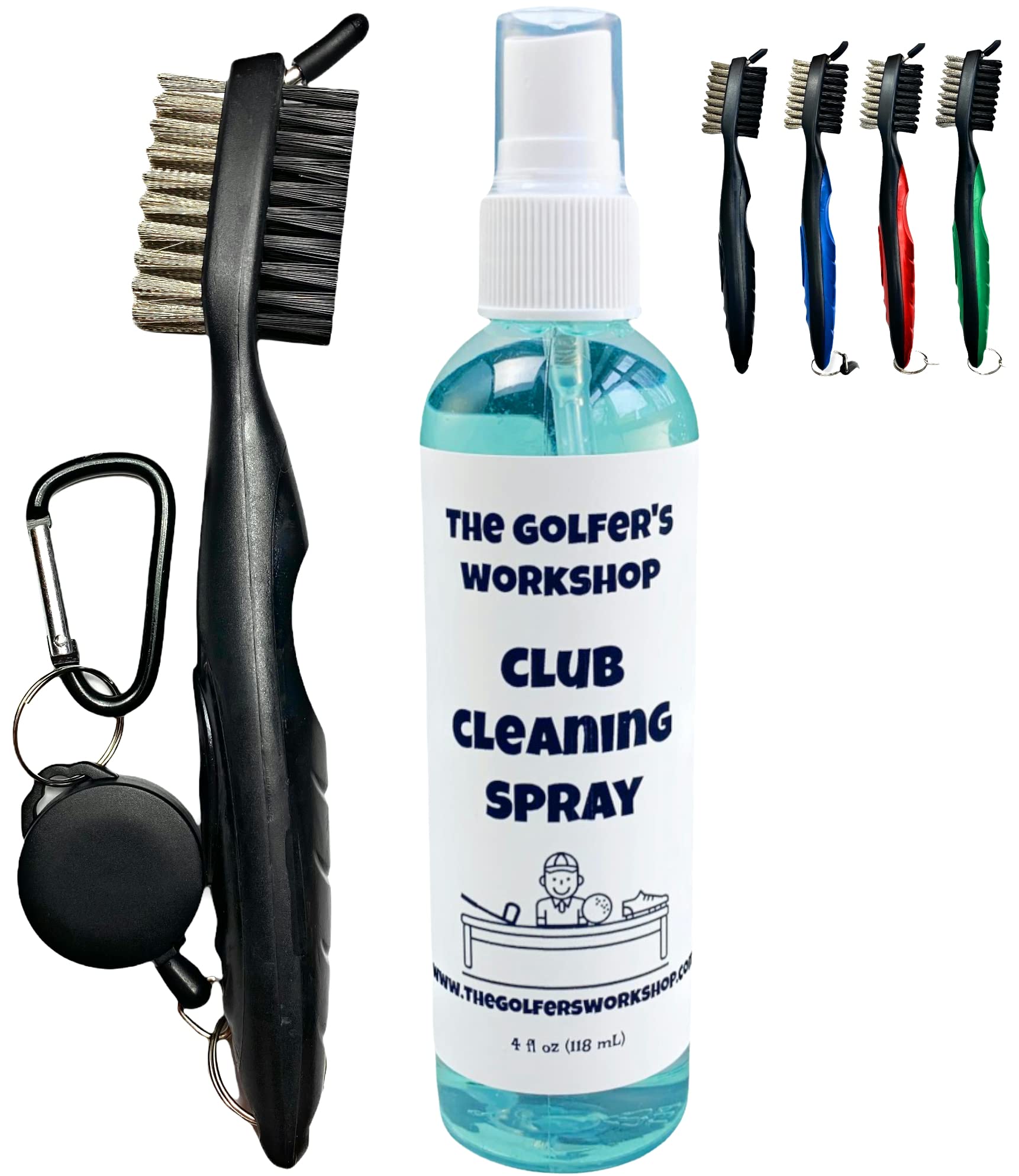 Premium 4oz Golf Club Cleaning Spray & Brush Set with Groove Cleaner, 2ft Retractable Zip-line & Carabiner Clip - Perfect for On-Course Cleaning, Driving Range & Golf Bag Maintenance