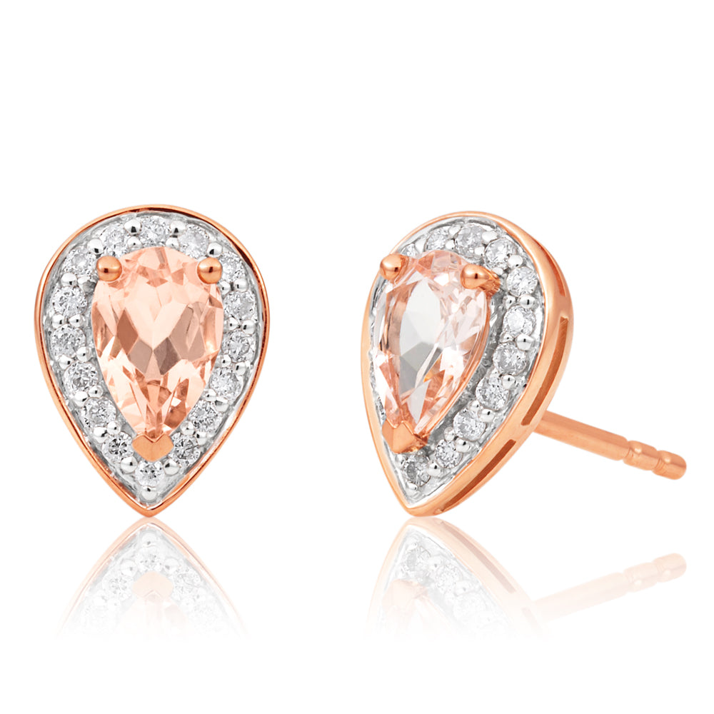9ct Rose Gold 6x4mm Pear Morganite and 0.15ct Diamond Stud Earrings for Women - Elegant Pink Gemstone Jewelry Gift for Her - Perfect for Weddings, Anniversaries & Special Occasions