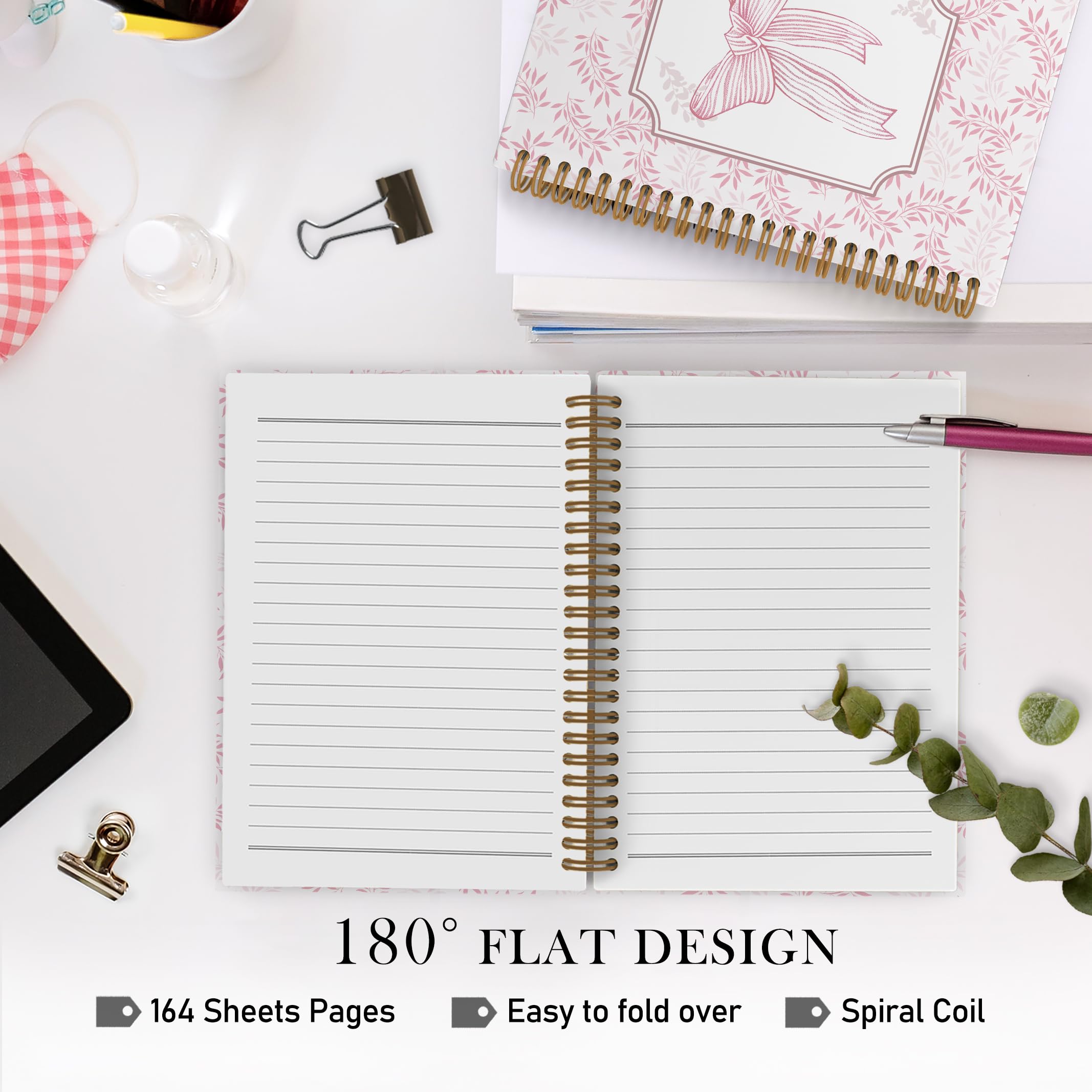 Pink Bow Spiral Notebook - 5.5 x 8.3 Inch Lined Journal, College Ruled Hardcover Notebook for Girls, Students & Teachers | Trendy Preppy School & Office Supplies | Perfect for Note Taking, Journaling & Gift Giving