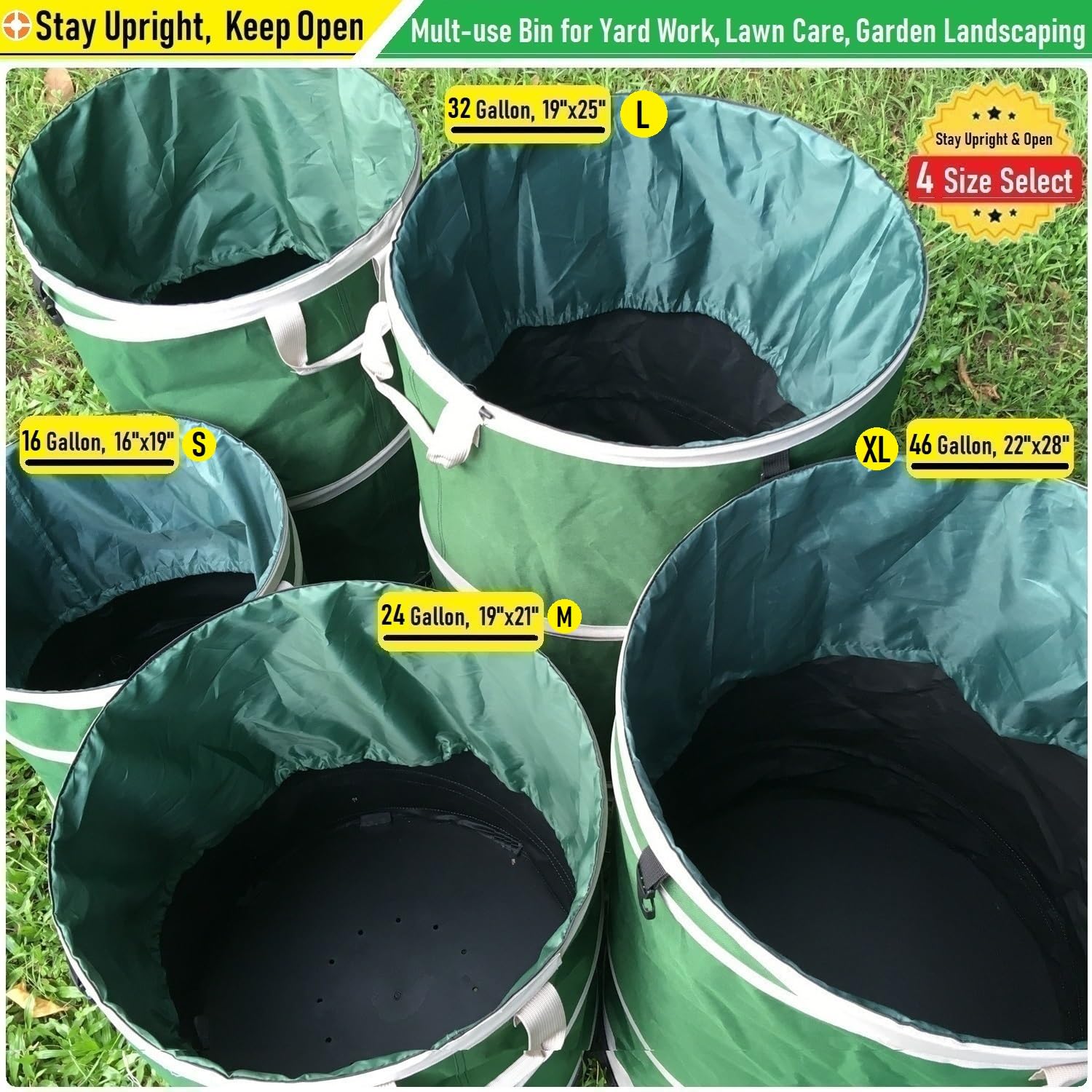 32-Gallon Collapsible Trash Can with Hard-Shell Bottom - 19x25 Inch Yard Waste Bag for Garden Debris, Recycling, Laundry & Camping | Durable Outdoor Storage for Leaves, Grass Clippings & Weeds | 4 Handles for Easy Transport | Perfect for Backyard, Garage & RV Use