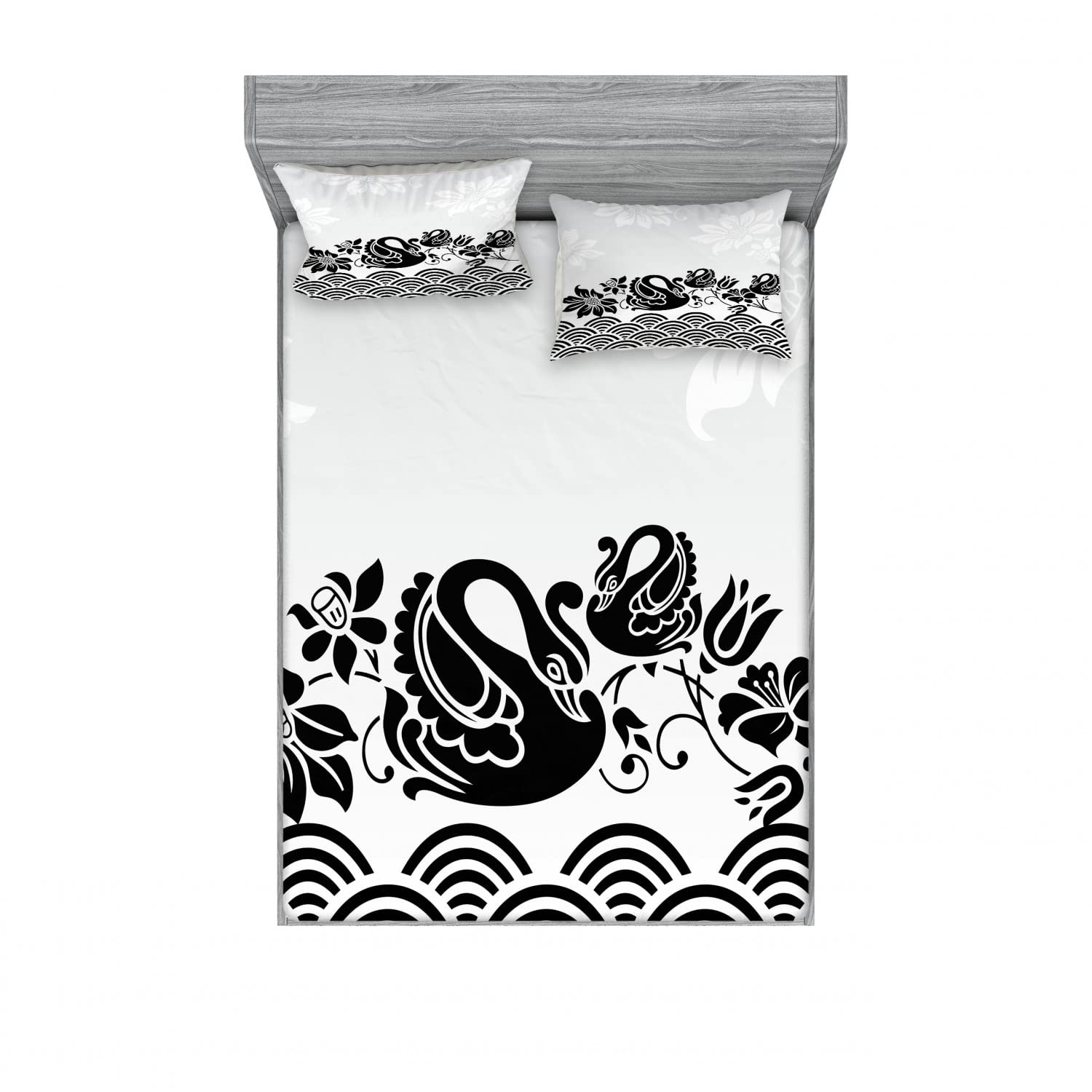 Ambesonne Floral 2-Pack Queen Size Fitted Sheet & Pillow Sham Set - Black Swans and Flowers Design, 4-Piece Bedding Decor (2 Fitted Sheets + 4 Pillow Covers), Black & White Luxury Bed Linens for Master Bedroom, Guest Room, or Vacation Home Decor