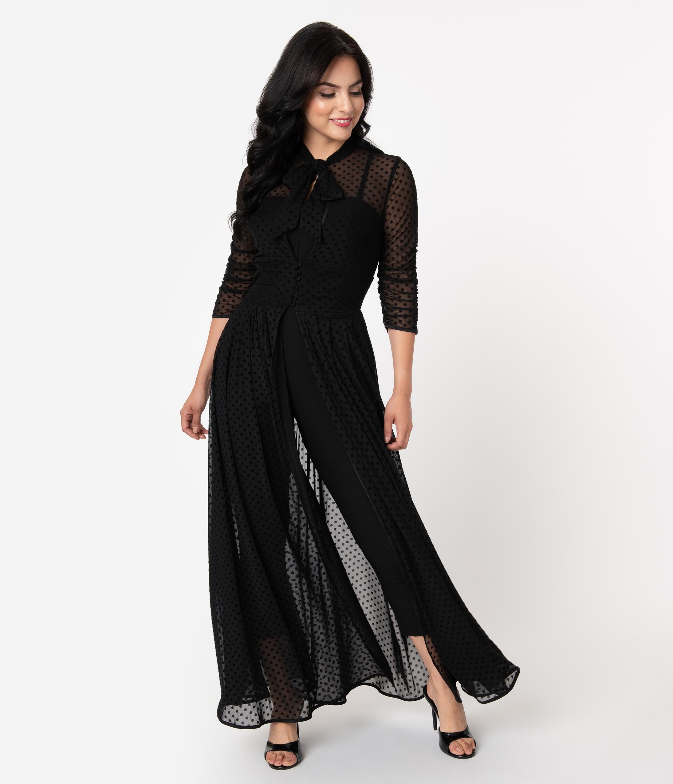 Vintage Black Swiss Dot Starlet Duster - Retro Elegant Lace Kimono Cover Up for Women | Perfect for Evening Parties, Weddings & Special Occasions