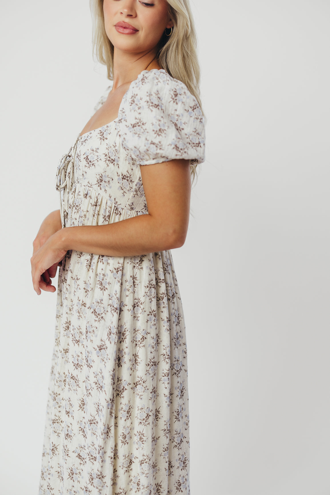 Haven 100% Cotton Tie Front Maxi Dress - Blue & Brown Floral Print | Bump Friendly Maternity Dress | Perfect for Beach, Vacation & Summer Outfits
