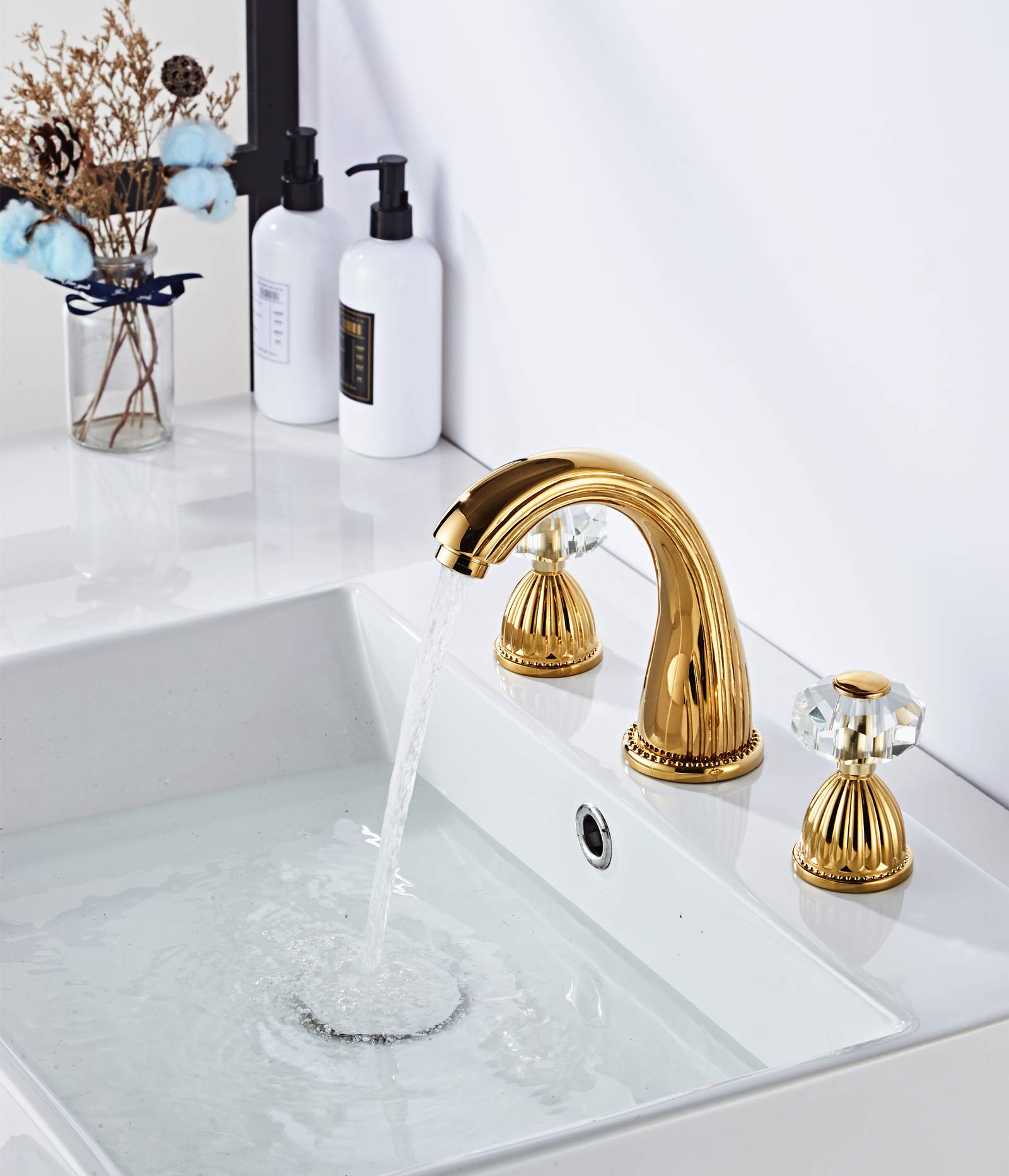 Premium 3-Hole Widespread Brass Bathroom Sink Faucet with Crystal Handle - Gold Ti-PVD Finish - Deck Mount Mixer Tap for Modern Bathrooms (Perfect for Guest Bathrooms, Master Suites & Powder Rooms)