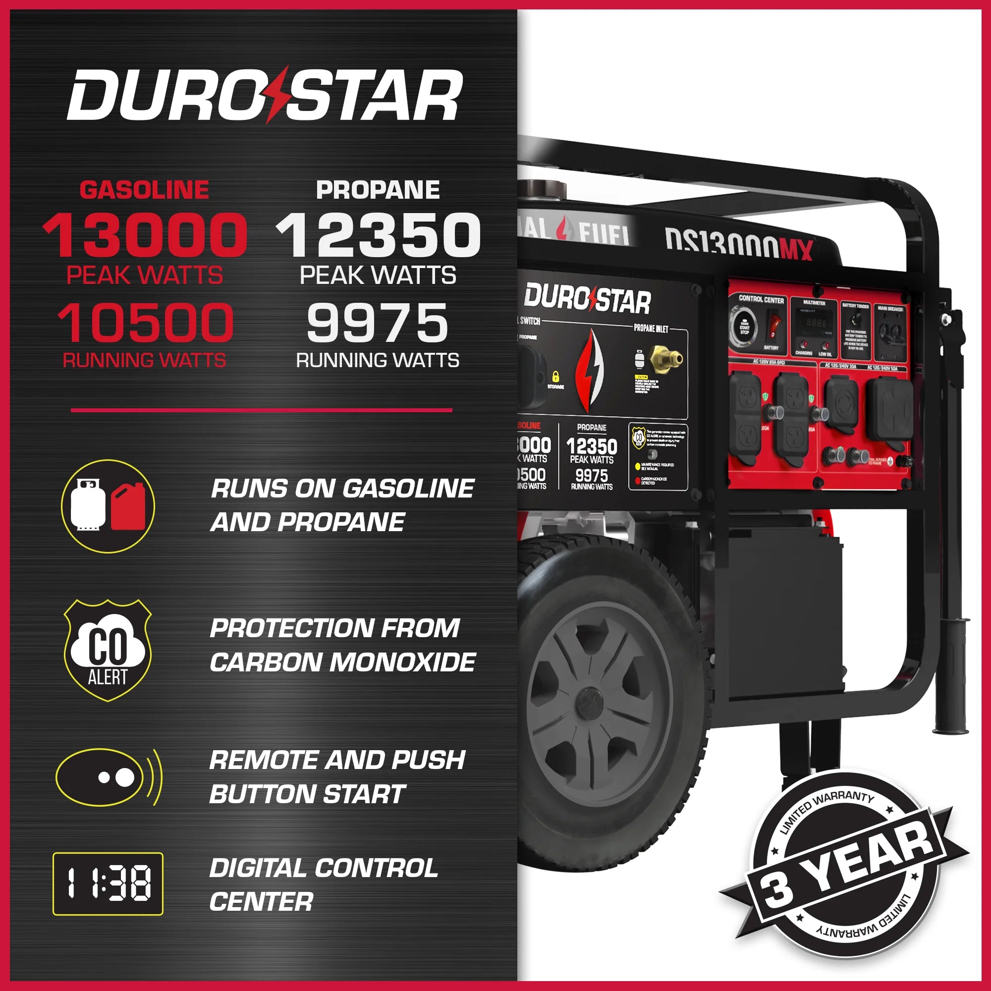DuroStar DS13000MX 10500W/13000W Dual Fuel Portable Generator - Gas & Propane Powered with CO Alert & Remote Start - Ideal for Home Backup Power, Camping & Emergency Use