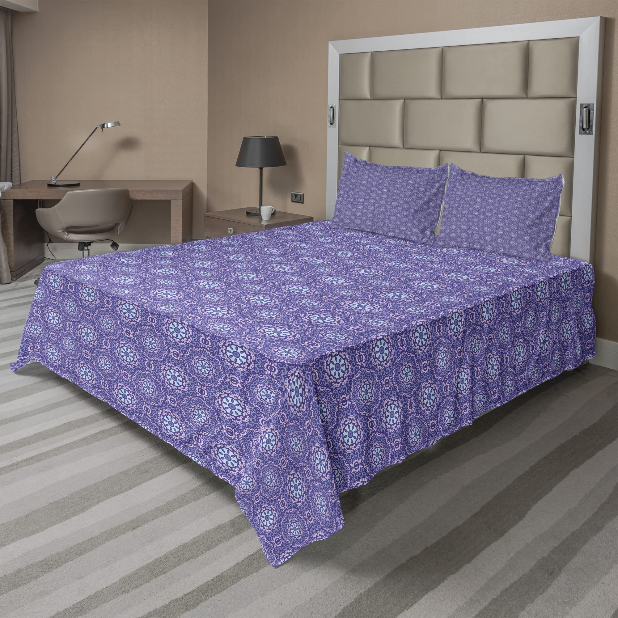 Ambesonne Oriental Sheet Set - Vibrant Curlicue & Medallion Motif 4-Piece Bedding Set with Fitted Sheet, Flat Sheet & Pillowcases - Blue Violet Lavender Blue - Perfect for Guest Rooms, Master Bedrooms & Bohemian Home Decor