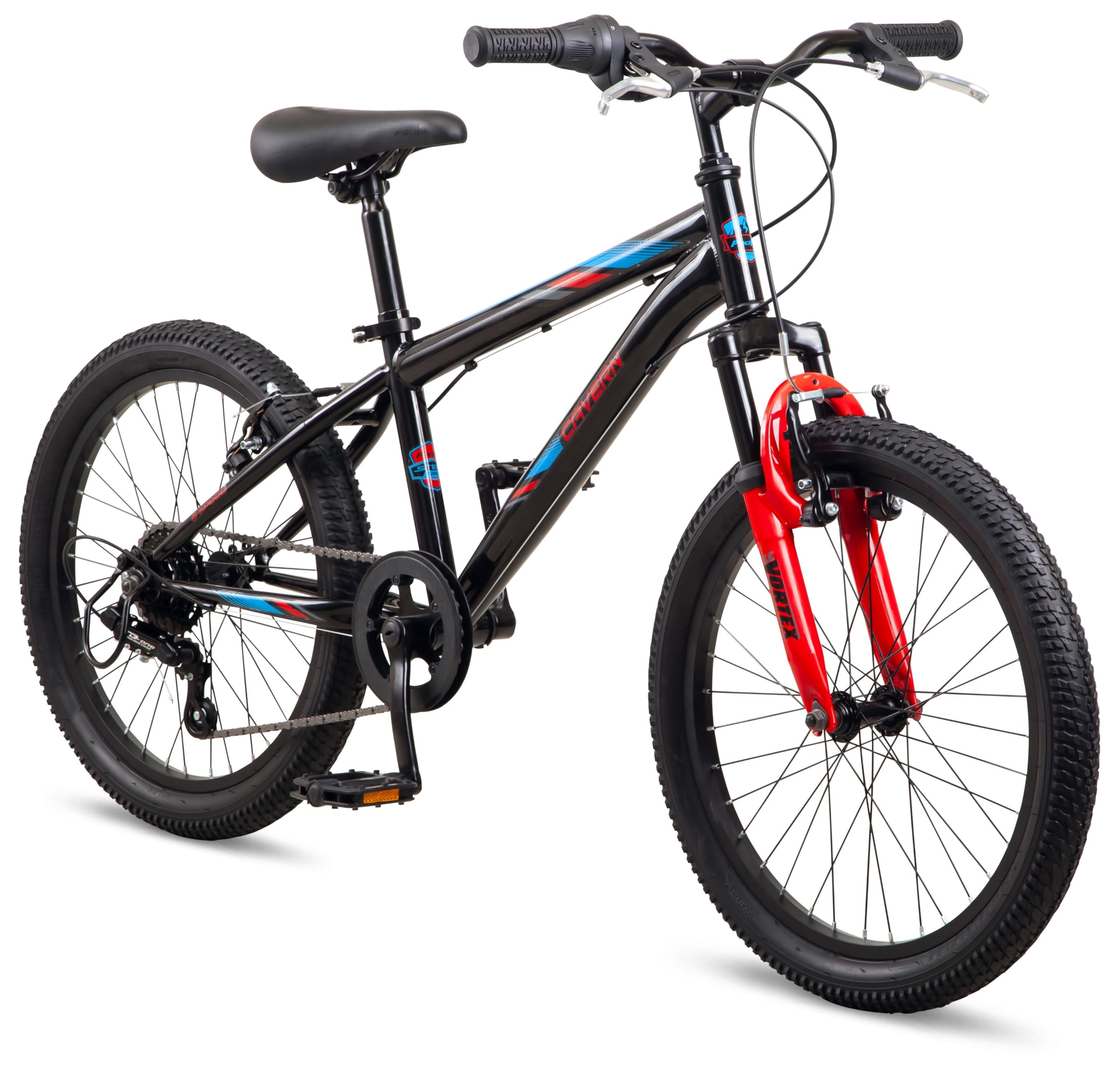 Pacific Cavern Mountain Bike for Youth & Adults - 7/21 Speed Twist Shifter, 20/24/26 Inch Wheels, 11-17.5 Inch Steel Frame with Front Suspension - Perfect for Trail Riding, Commuting & Outdoor Adventures (Kickstand Included)