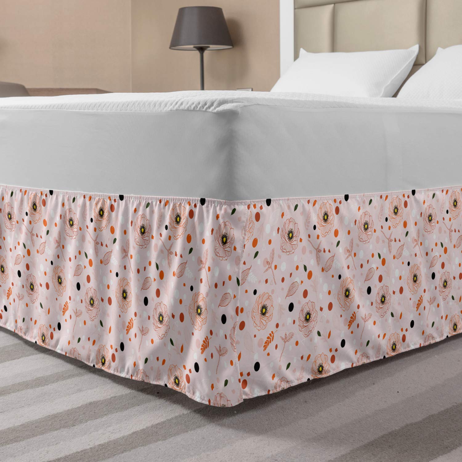 Ambesonne Floral Elastic Bed Skirt - Modern Style Flowers on Pastel Backdrop, King Size Wrap Around Fabric Bedskirt Dust Ruffle for Bedroom Decor (Rose Multicolor) | Perfect for Master Bedroom, Guest Room & Home Staging