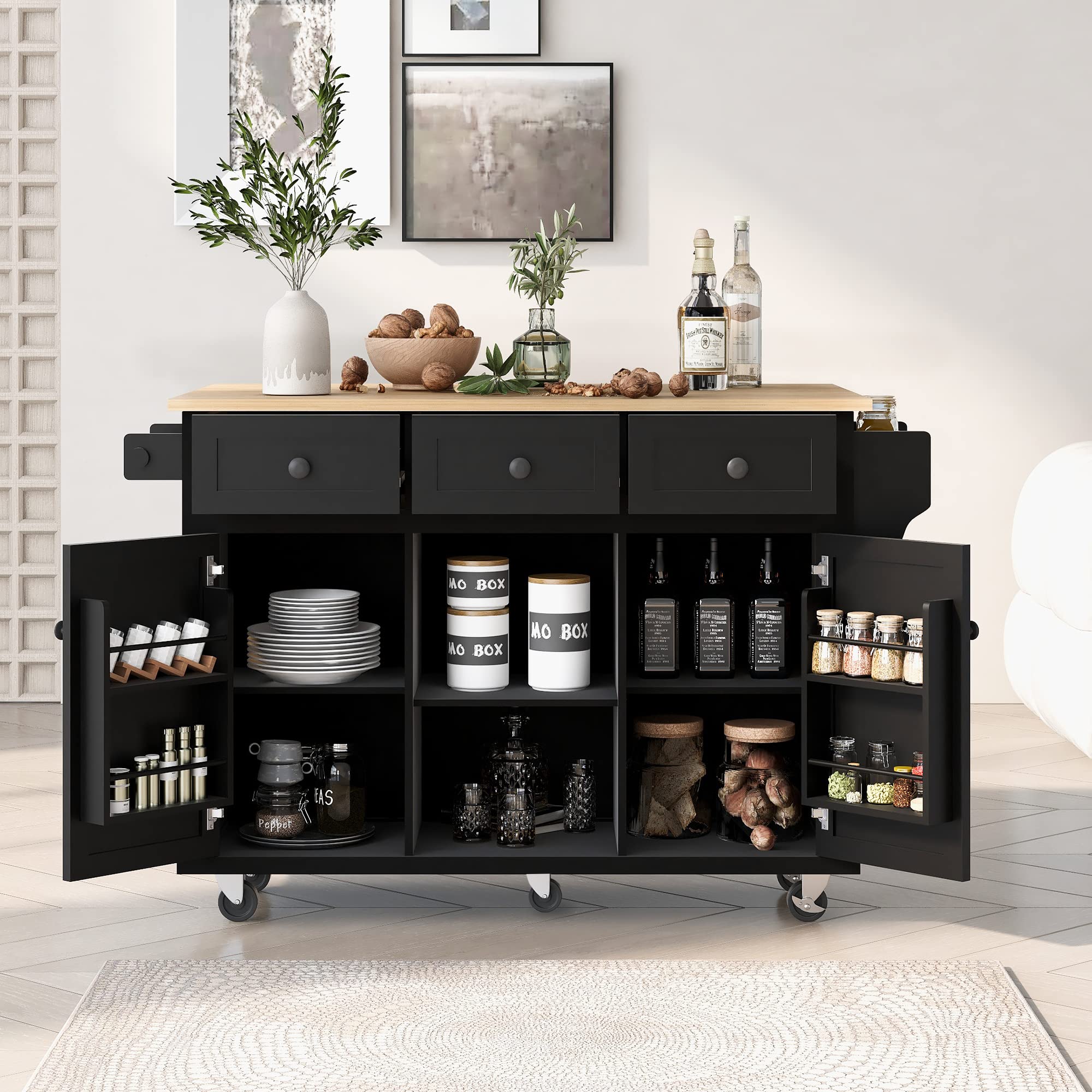 Premium Rubberwood Kitchen Cart with Drop-Leaf Countertop - 5-Wheel Mobile Storage Cabinet with 3 Drawers & Internal Racks for Dining Room, Home Bar, Restaurant & Office Use - Space-Saving Solution for Small Kitchens & Entertaining