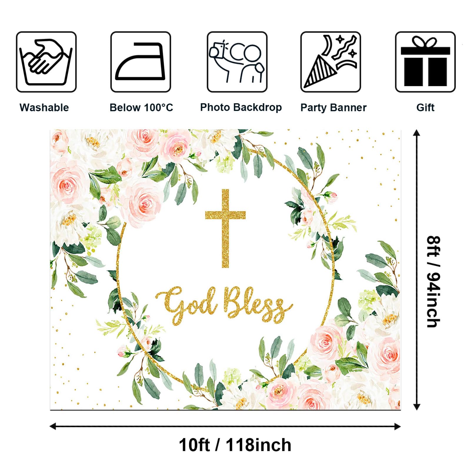 10x8ft Avezano Floral God Bless Backdrop - Pink Flowers Background for First Holy Communion, Baptism, Christening & Baby Shower - Perfect for Photo Studio Props & Church Events