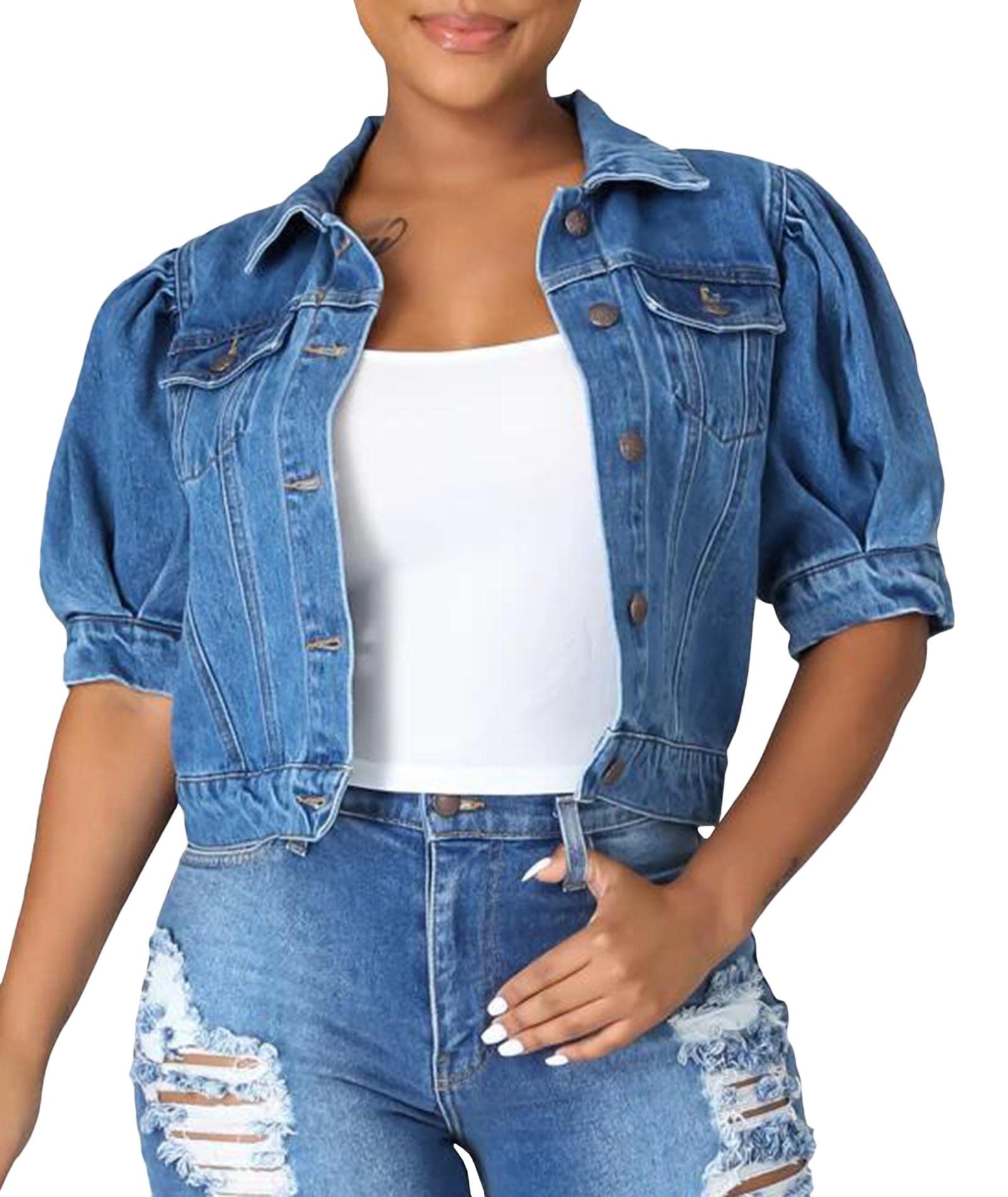 SOMTHRON Women's Cropped Denim Jacket - Short Sleeve Puff Sleeve Button Down Jean Coat - Stylish Crop Top Outerwear for Spring & Summer Fashion - Perfect for Casual Outings, Music Festivals and Streetwear Looks
